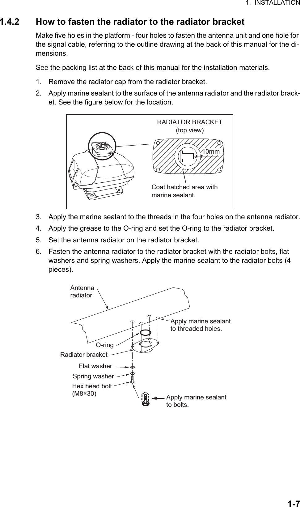 1.  INSTALLATION1-71.4.2 How to fasten the radiator to the radiator bracketMake five holes in the platform - four holes to fasten the antenna unit and one hole for the signal cable, referring to the outline drawing at the back of this manual for the di-mensions. See the packing list at the back of this manual for the installation materials.1. Remove the radiator cap from the radiator bracket.2. Apply marine sealant to the surface of the antenna radiator and the radiator brack-et. See the figure below for the location.3. Apply the marine sealant to the threads in the four holes on the antenna radiator.4. Apply the grease to the O-ring and set the O-ring to the radiator bracket.5. Set the antenna radiator on the radiator bracket.6. Fasten the antenna radiator to the radiator bracket with the radiator bolts, flat washers and spring washers. Apply the marine sealant to the radiator bolts (4 pieces). RADIATOR BRACKET(top view)Coat hatched area withmarine sealant.10mmFlat washerSpring washerHex head bolt(M8×30)Radiator bracketApply marine sealant to bolts.AntennaradiatorO-ringApply marine sealantto threaded holes.