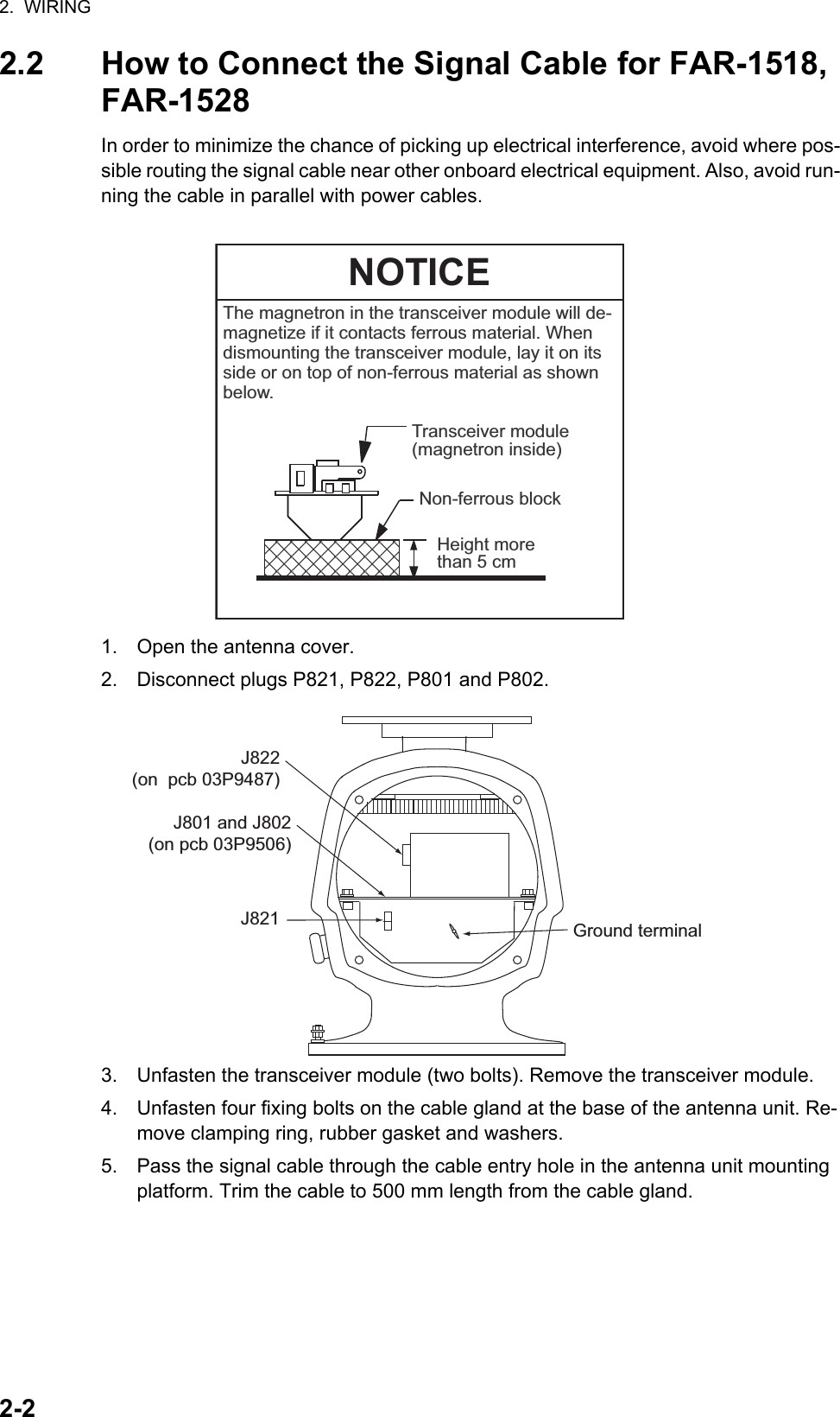 2.  WIRING2-22.2 How to Connect the Signal Cable for FAR-1518, FAR-1528In order to minimize the chance of picking up electrical interference, avoid where pos-sible routing the signal cable near other onboard electrical equipment. Also, avoid run-ning the cable in parallel with power cables. 1. Open the antenna cover.2. Disconnect plugs P821, P822, P801 and P802.3. Unfasten the transceiver module (two bolts). Remove the transceiver module.4. Unfasten four fixing bolts on the cable gland at the base of the antenna unit. Re-move clamping ring, rubber gasket and washers.5. Pass the signal cable through the cable entry hole in the antenna unit mounting platform. Trim the cable to 500 mm length from the cable gland.Transceiver module(magnetron inside)Height morethan 5 cmNon-ferrous block The magnetron in the transceiver module will de-magnetize if it contacts ferrous material. Whendismounting the transceiver module, lay it on itsside or on top of non-ferrous material as shownbelow.NOTICEJ801 and J802(on pcb 03P9506)J822(on  pcb 03P9487)Ground terminalJ821