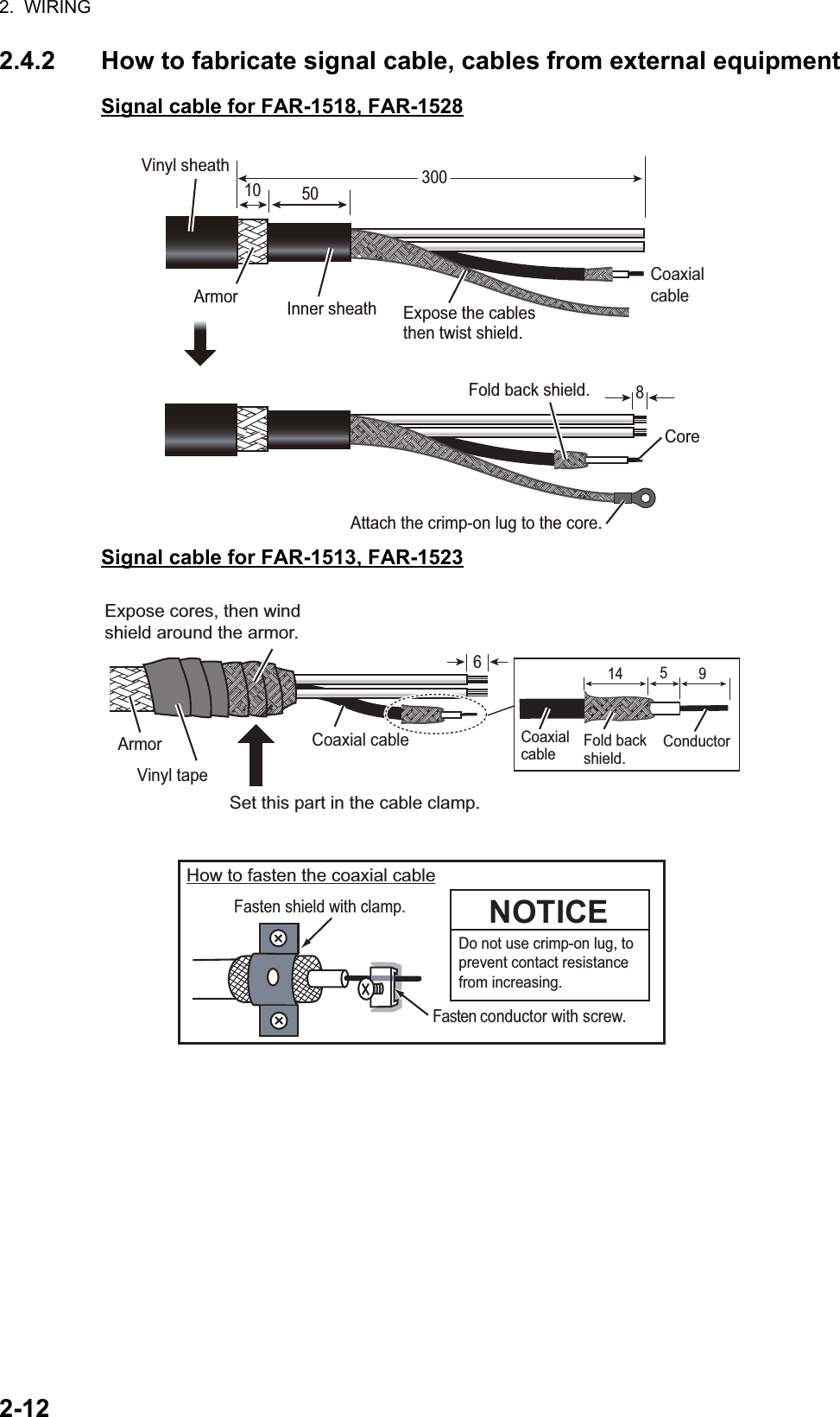 2.  WIRING2-122.4.2 How to fabricate signal cable, cables from external equipmentSignal cable for FAR-1518, FAR-1528Signal cable for FAR-1513, FAR-1523Attach the crimp-on lug to the core.Fold back shield.Core3003005050Vinyl sheathArmor Inner sheathCoaxial cable10Expose the cables then twist shield.8NOTICEDo not use crimp-on lug, toprevent contact resistancefrom increasing.Fasten shield with clamp.Fasten conductor with screw.How to fasten the coaxial cableSet this part in the cable clamp.Fold back shield.ConductorCoaxial cableArmorVinyl tape5914Coaxial cableExpose cores, then windshield around the armor.6