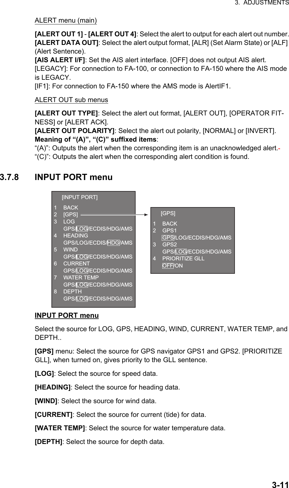 3.  ADJUSTMENTS3-11ALERT menu (main)[ALERT OUT 1] - [ALERT OUT 4]: Select the alert to output for each alert out number.[ALERT DATA OUT]: Select the alert output format, [ALR] (Set Alarm State) or [ALF] (Alert Sentence).[AIS ALERT I/F]: Set the AIS alert interface. [OFF] does not output AIS alert.[LEGACY]: For connection to FA-100, or connection to FA-150 where the AIS mode is LEGACY.[IF1]: For connection to FA-150 where the AMS mode is AlertIF1.ALERT OUT sub menus[ALERT OUT TYPE]: Select the alert out format, [ALERT OUT], [OPERATOR FIT-NESS] or [ALERT ACK].[ALERT OUT POLARITY]: Select the alert out polarity, [NORMAL] or [INVERT].Meaning of “(A)”, “(C)” suffixed items:“(A)”: Outputs the alert when the corresponding item is an unacknowledged alert.“(C)”: Outputs the alert when the corresponding alert condition is found.3.7.8 INPUT PORT menuINPUT PORT menuSelect the source for LOG, GPS, HEADING, WIND, CURRENT, WATER TEMP, and DEPTH..[GPS] menu: Select the source for GPS navigator GPS1 and GPS2. [PRIORITIZE GLL], when turned on, gives priority to the GLL sentence.[LOG]: Select the source for speed data.[HEADING]: Select the source for heading data.[WIND]: Select the source for wind data.[CURRENT]: Select the source for current (tide) for data.[WATER TEMP]: Select the source for water temperature data.[DEPTH]: Select the source for depth data.  [GPS]1 BACK2 GPS1 GPS/LOG/ECDIS/HDG/AMS3 GPS2 GPS/LOG/ECDIS/HDG/AMS4 PRIORITIZE GLL OFF/ON  [INPUT PORT]1 BACK2 [GPS]3 LOG GPS/LOG/ECDIS/HDG/AMS4 HEADING GPS/LOG/ECDIS/HDG/AMS5 WIND GPS/LOG/ECDIS/HDG/AMS6 CURRENT GPS/LOG/ECDIS/HDG/AMS7 WATER TEMP GPS/LOG/ECDIS/HDG/AMS8 DEPTH GPS/LOG/ECDIS/HDG/AMS