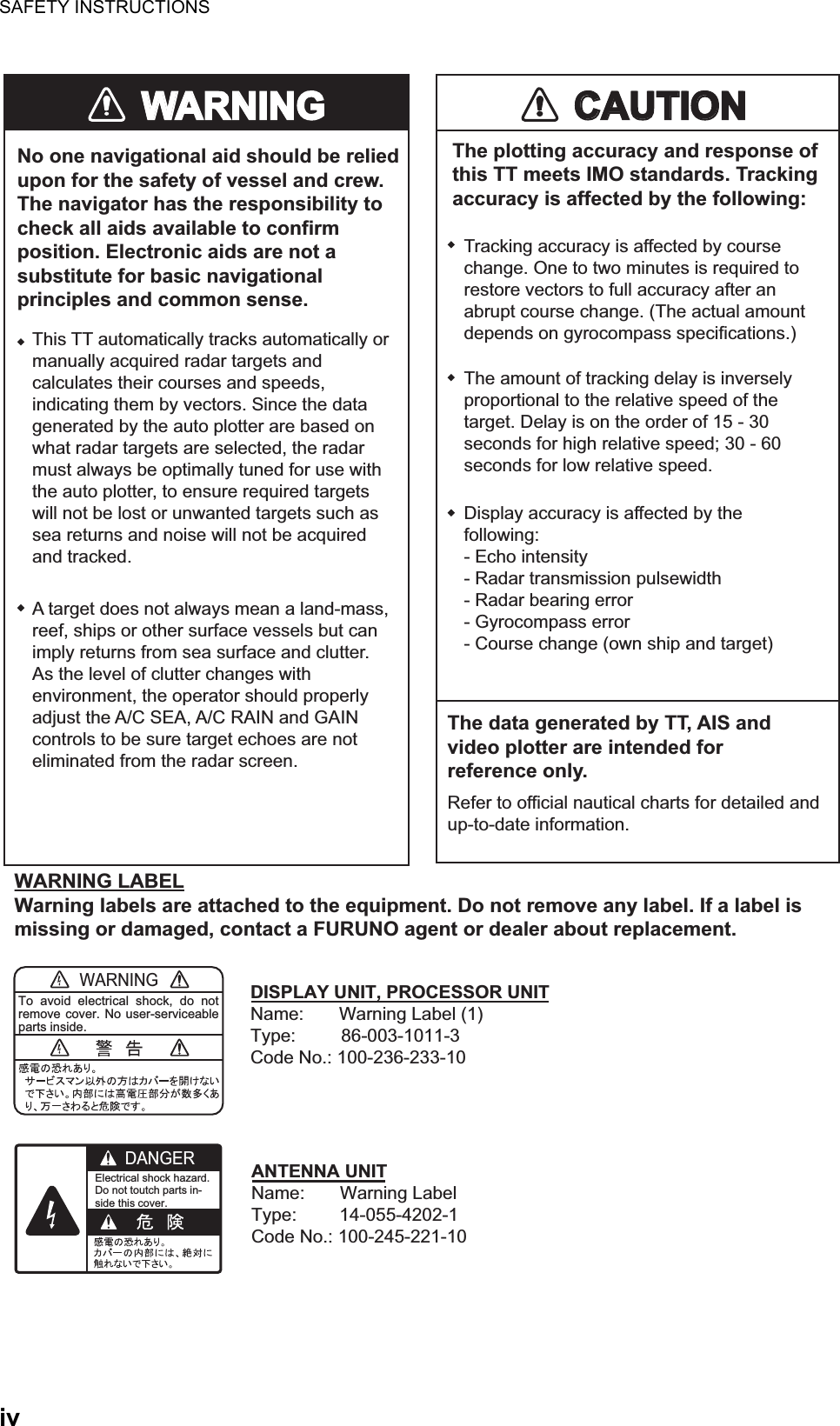 SAFETY INSTRUCTIONSivDISPLAY UNIT, PROCESSOR UNITName:       Warning Label (1)Type:         86-003-1011-3Code No.: 100-236-233-10ANTENNA UNITName:       Warning LabelType:         14-055-4202-1Code No.: 100-245-221-10WARNINGTo avoid electrical shock, do not remove cover. No user-serviceable parts inside.DANGERElectrical shock hazard.Do not toutch parts in-side this cover.WARNING LABELWarning labels are attached to the equipment. Do not remove any label. If a label is missing or damaged, contact a FURUNO agent or dealer about replacement.WARNINWARNINGCAUTIONCAUTIONNo one navigational aid should be relied upon for the safety of vessel and crew.The navigator has the responsibility to check all aids available to confirm position. Electronic aids are not a substitute for basic navigational principles and common sense.This TT automatically tracks automatically or manually acquired radar targets and calculates their courses and speeds, indicating them by vectors. Since the data generated by the auto plotter are based on what radar targets are selected, the radar must always be optimally tuned for use with the auto plotter, to ensure required targets will not be lost or unwanted targets such as sea returns and noise will not be acquired and tracked. A target does not always mean a land-mass, reef, ships or other surface vessels but can imply returns from sea surface and clutter. As the level of clutter changes with environment, the operator should properly adjust the A/C SEA, A/C RAIN and GAIN controls to be sure target echoes are not eliminated from the radar screen. The plotting accuracy and response of this TT meets IMO standards. Tracking accuracy is affected by the following:The data generated by TT, AIS and video plotter are intended for reference only.Tracking accuracy is affected by course change. One to two minutes is required to restore vectors to full accuracy after an abrupt course change. (The actual amount depends on gyrocompass specifications.)The amount of tracking delay is inversely proportional to the relative speed of the target. Delay is on the order of 15 - 30 seconds for high relative speed; 30 - 60 seconds for low relative speed.Display accuracy is affected by the following:   - Echo intensity- Radar transmission pulsewidth - Radar bearing error- Gyrocompass error- Course change (own ship and target)Refer to official nautical charts for detailed and up-to-date information.