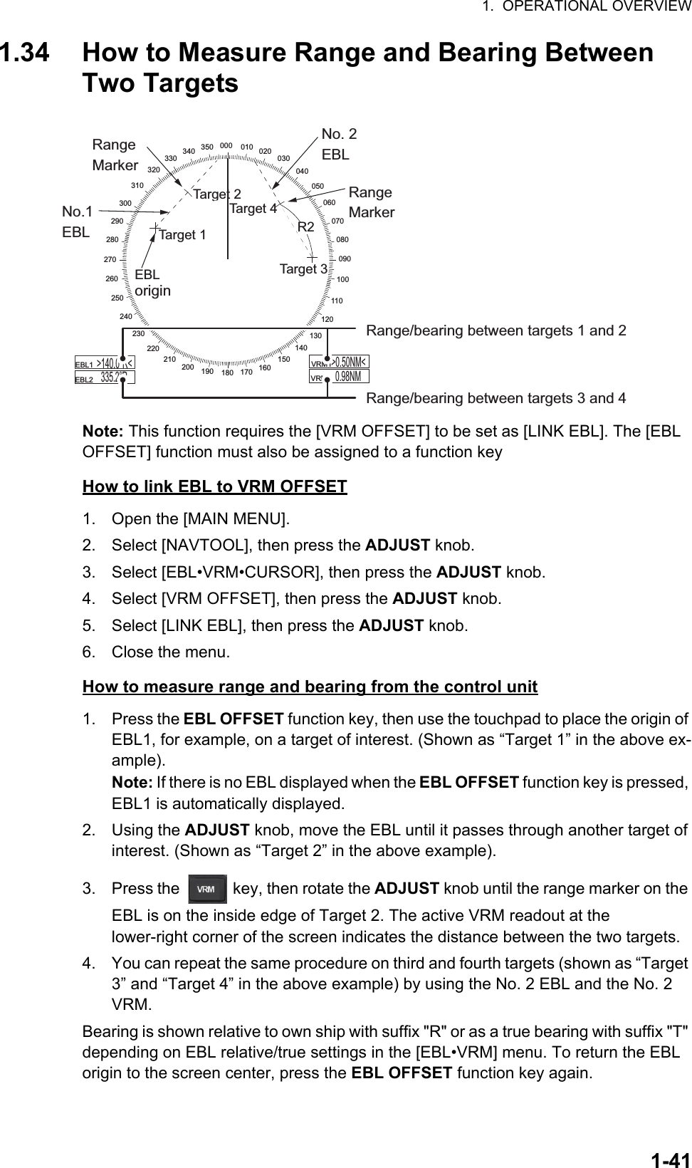 1.  OPERATIONAL OVERVIEW1-411.34 How to Measure Range and Bearing Between Two TargetsNote: This function requires the [VRM OFFSET] to be set as [LINK EBL]. The [EBL OFFSET] function must also be assigned to a function keyHow to link EBL to VRM OFFSET1. Open the [MAIN MENU].2. Select [NAVTOOL], then press the ADJUST knob.3. Select [EBL•VRM•CURSOR], then press the ADJUST knob.4. Select [VRM OFFSET], then press the ADJUST knob.5. Select [LINK EBL], then press the ADJUST knob.6. Close the menu.How to measure range and bearing from the control unit1. Press the EBL OFFSET function key, then use the touchpad to place the origin of EBL1, for example, on a target of interest. (Shown as “Target 1” in the above ex-ample).Note: If there is no EBL displayed when the EBL OFFSET function key is pressed, EBL1 is automatically displayed.2. Using the ADJUST knob, move the EBL until it passes through another target of interest. (Shown as “Target 2” in the above example).3. Press the   key, then rotate the ADJUST knob until the range marker on the EBL is on the inside edge of Target 2. The active VRM readout at the lower-right corner of the screen indicates the distance between the two targets.4. You can repeat the same procedure on third and fourth targets (shown as “Target 3” and “Target 4” in the above example) by using the No. 2 EBL and the No. 2 VRM.Bearing is shown relative to own ship with suffix &quot;R&quot; or as a true bearing with suffix &quot;T&quot; depending on EBL relative/true settings in the [EBL•VRM] menu. To return the EBL origin to the screen center, press the EBL OFFSET function key again.000 010 020030040050060070080090100110120130140150160170180190200210220230240250260270280290300310320330340 350EBLoriginR2Target 2No.1EBLNo. 2EBLRangeMarker    EBL1        EBL2  &gt;140.0°R&lt;335.2°R    VRM1         VRM2  &gt;0.50NM&lt;0.98NMRangeMarkerTarget 4Target 3Target 1Range/bearing between targets 1 and 2Range/bearing between targets 3 and 4