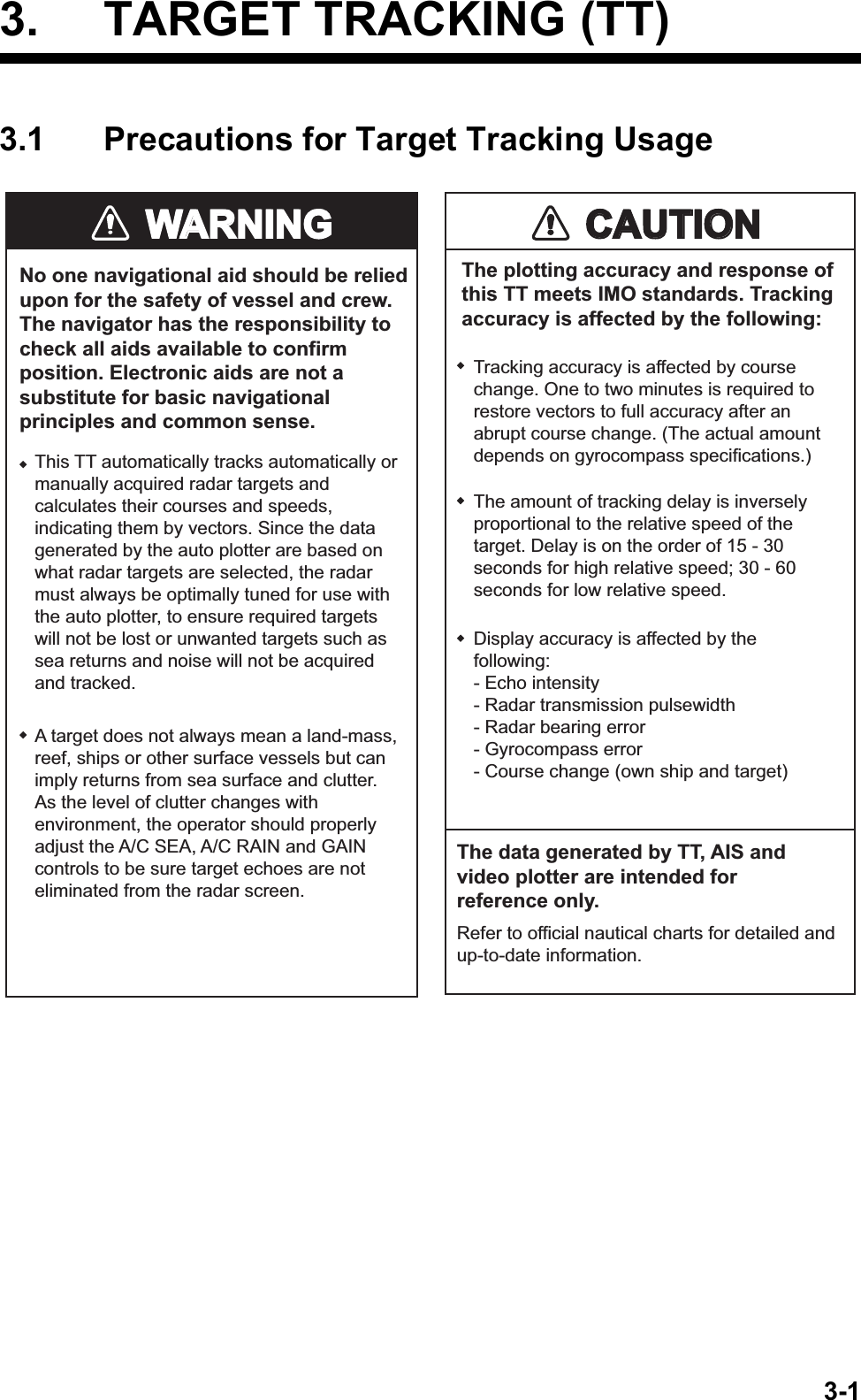 3-13. TARGET TRACKING (TT)3.1 Precautions for Target Tracking UsageWARNINWARNINGCAUTIOCAUTIONNo one navigational aid should be relied upon for the safety of vessel and crew.The navigator has the responsibility to check all aids available to confirm position. Electronic aids are not a substitute for basic navigational principles and common sense.This TT automatically tracks automatically or manually acquired radar targets and calculates their courses and speeds, indicating them by vectors. Since the data generated by the auto plotter are based on what radar targets are selected, the radar must always be optimally tuned for use with the auto plotter, to ensure required targets will not be lost or unwanted targets such as sea returns and noise will not be acquired and tracked. A target does not always mean a land-mass, reef, ships or other surface vessels but can imply returns from sea surface and clutter. As the level of clutter changes with environment, the operator should properly adjust the A/C SEA, A/C RAIN and GAIN controls to be sure target echoes are not eliminated from the radar screen. The plotting accuracy and response of this TT meets IMO standards. Tracking accuracy is affected by the following:The data generated by TT, AIS and video plotter are intended for reference only.Tracking accuracy is affected by course change. One to two minutes is required to restore vectors to full accuracy after an abrupt course change. (The actual amount depends on gyrocompass specifications.)The amount of tracking delay is inversely proportional to the relative speed of the target. Delay is on the order of 15 - 30 seconds for high relative speed; 30 - 60 seconds for low relative speed.Display accuracy is affected by the following:   - Echo intensity- Radar transmission pulsewidth - Radar bearing error- Gyrocompass error- Course change (own ship and target)Refer to official nautical charts for detailed and up-to-date information.