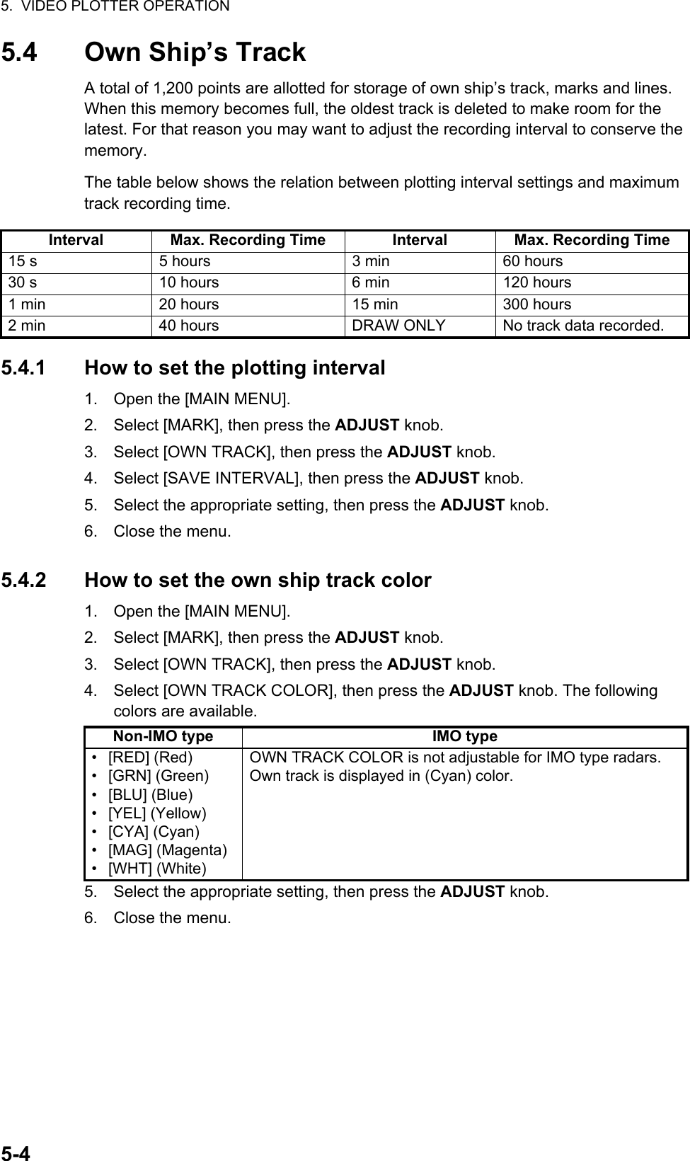 5.  VIDEO PLOTTER OPERATION5-45.4 Own Ship’s TrackA total of 1,200 points are allotted for storage of own ship’s track, marks and lines. When this memory becomes full, the oldest track is deleted to make room for the latest. For that reason you may want to adjust the recording interval to conserve the memory.The table below shows the relation between plotting interval settings and maximum track recording time.5.4.1 How to set the plotting interval1. Open the [MAIN MENU].2. Select [MARK], then press the ADJUST knob.3. Select [OWN TRACK], then press the ADJUST knob.4. Select [SAVE INTERVAL], then press the ADJUST knob.5. Select the appropriate setting, then press the ADJUST knob.6. Close the menu.5.4.2 How to set the own ship track color1. Open the [MAIN MENU].2. Select [MARK], then press the ADJUST knob.3. Select [OWN TRACK], then press the ADJUST knob.4. Select [OWN TRACK COLOR], then press the ADJUST knob. The following colors are available.5. Select the appropriate setting, then press the ADJUST knob.6. Close the menu.Interval Max. Recording Time Interval Max. Recording Time15 s 5 hours 3 min 60 hours30 s 10 hours 6 min 120 hours1 min 20 hours 15 min 300 hours2 min 40 hours DRAW ONLY No track data recorded.Non-IMO type IMO type• [RED] (Red)• [GRN] (Green)• [BLU] (Blue)• [YEL] (Yellow)• [CYA] (Cyan)• [MAG] (Magenta)• [WHT] (White)OWN TRACK COLOR is not adjustable for IMO type radars. Own track is displayed in (Cyan) color.