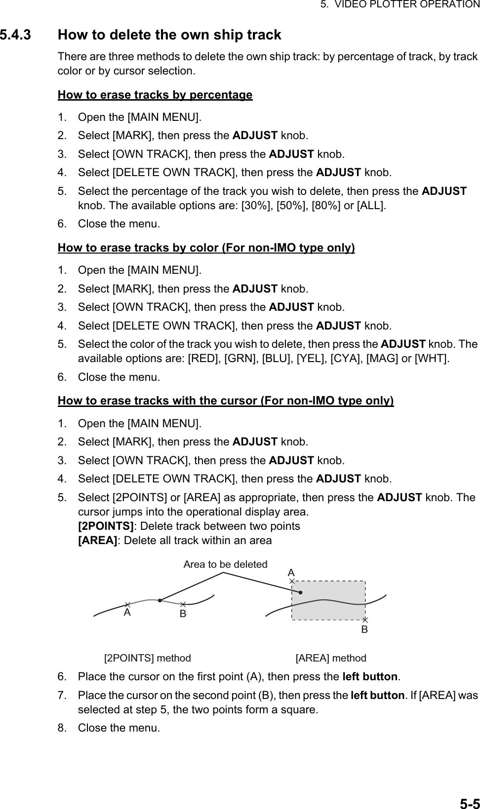 5.  VIDEO PLOTTER OPERATION5-55.4.3 How to delete the own ship trackThere are three methods to delete the own ship track: by percentage of track, by track color or by cursor selection.How to erase tracks by percentage1. Open the [MAIN MENU].2. Select [MARK], then press the ADJUST knob.3. Select [OWN TRACK], then press the ADJUST knob.4. Select [DELETE OWN TRACK], then press the ADJUST knob.5. Select the percentage of the track you wish to delete, then press the ADJUST knob. The available options are: [30%], [50%], [80%] or [ALL].6. Close the menu.How to erase tracks by color (For non-IMO type only)1. Open the [MAIN MENU].2. Select [MARK], then press the ADJUST knob.3. Select [OWN TRACK], then press the ADJUST knob.4. Select [DELETE OWN TRACK], then press the ADJUST knob.5. Select the color of the track you wish to delete, then press the ADJUST knob. The available options are: [RED], [GRN], [BLU], [YEL], [CYA], [MAG] or [WHT].6. Close the menu.How to erase tracks with the cursor (For non-IMO type only)1. Open the [MAIN MENU].2. Select [MARK], then press the ADJUST knob.3. Select [OWN TRACK], then press the ADJUST knob.4. Select [DELETE OWN TRACK], then press the ADJUST knob.5. Select [2POINTS] or [AREA] as appropriate, then press the ADJUST knob. The cursor jumps into the operational display area.[2POINTS]: Delete track between two points[AREA]: Delete all track within an area6. Place the cursor on the first point (A), then press the left button.7. Place the cursor on the second point (B), then press the left button. If [AREA] was selected at step 5, the two points form a square.8. Close the menu.[2POINTS] method [AREA] methodAABBArea to be deleted