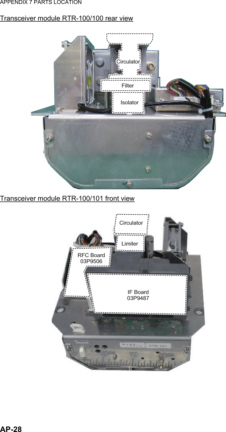 APPENDIX 7 PARTS LOCATIONAP-28Transceiver module RTR-100/100 rear viewTransceiver module RTR-100/101 front viewCirculatorCirculatorFilterFilterIsolatorIsolatorCirculatorCirculatorLimiterLimiterRFC Board03P9506RFC Board03P9506IF Board03P9487IF Board03P9487