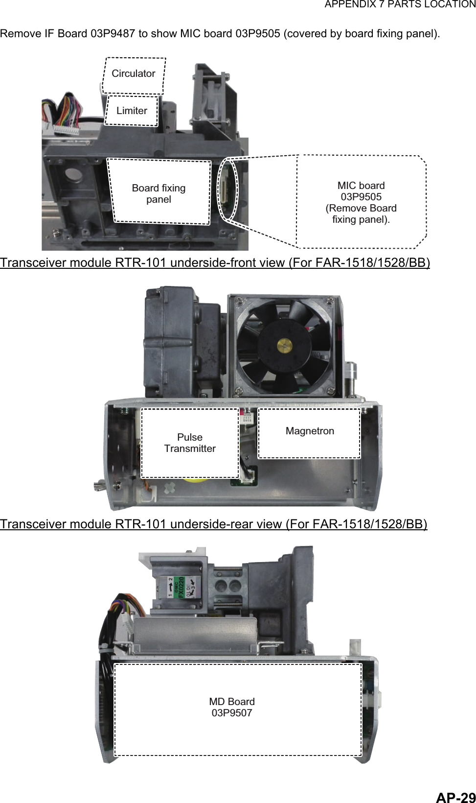 APPENDIX 7 PARTS LOCATIONAP-29Remove IF Board 03P9487 to show MIC board 03P9505 (covered by board fixing panel).Transceiver module RTR-101 underside-front view (For FAR-1518/1528/BB)Transceiver module RTR-101 underside-rear view (For FAR-1518/1528/BB)CirculatorCirculatorLimiterLimiterBoard fixing panelBoard fixing panelMIC board 03P9505(Remove Board fixing panel).MIC board 03P9505(Remove Board fixing panel).MagnetronMagnetronPulse TransmitterPulse TransmitterMD Board03P9507MD Board03P9507