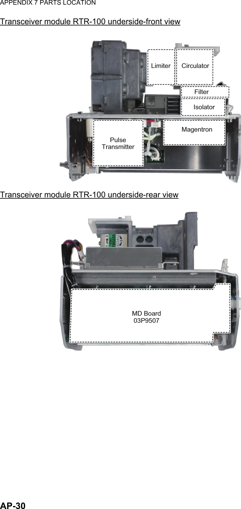 APPENDIX 7 PARTS LOCATIONAP-30Transceiver module RTR-100 underside-front viewTransceiver module RTR-100 underside-rear viewMagentronMagentronIsolatorIsolatorCirculatorCirculatorLimiterLimiterFilterFilterPulse TransmitterPulse TransmitterMD Board03P9507MD Board03P9507