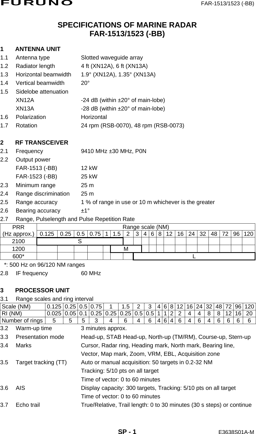 FURUNO  FAR-1513/1523 (-BB)  SP - 1  E3638S01A-M SPECIFICATIONS OF MARINE RADAR FAR-1513/1523 (-BB)  1 ANTENNA UNIT 1.1  Antenna type  Slotted waveguide array 1.2  Radiator length  4 ft (XN12A), 6 ft (XN13A) 1.3 Horizontal beamwidth  1.9° (XN12A), 1.35° (XN13A) 1.4 Vertical beamwidth  20° 1.5 Sidelobe attenuation XN12A  -24 dB (within ±20° of main-lobe) XN13A  -28 dB (within ±20° of main-lobe) 1.6 Polarization  Horizontal 1.7  Rotation  24 rpm (RSB-0070), 48 rpm (RSB-0073)  2 RF TRANSCEIVER 2.1  Frequency  9410 MHz ±30 MHz, P0N 2.2 Output power FAR-1513 (-BB)  12 kW FAR-1523 (-BB)  25 kW 2.3  Minimum range  25 m 2.4  Range discrimination  25 m 2.5  Range accuracy  1 % of range in use or 10 m whichever is the greater 2.6 Bearing accuracy  ±1° 2.7  Range, Pulselength and Pulse Repetition Rate PRR (Hz approx.)  Range scale (NM) 0.125  0.25 0.5 0.75 1 1.5 2 3 4 6 8 12 16 24 32 48 72 96 1202100  S               1200            M             600*            L *: 500 Hz on 96/120 NM ranges 2.8  IF frequency  60 MHz  3 PROCESSOR UNIT 3.1  Range scales and ring interval Scale (NM)  0.125 0.25  0.5  0.75 1  1.5 2 3 4 6 8 12 16 24 32 48 72 96 120RI (NM)  0.025 0.05  0.1  0.25 0.25 0.25 0.5 0.5 1 1 2 2 4 4 8 8 12 16 20Number of rings  5  5  5  3  4  6  4 6 4 6 4 6 4 6 4 6 6 6 63.2  Warm-up time  3 minutes approx. 3.3  Presentation mode  Head-up, STAB Head-up, North-up (TM/RM), Course-up, Stern-up 3.4  Marks  Cursor, Radar ring, Heading mark, North mark, Bearing line,   Vector, Map mark, Zoom, VRM, EBL, Acquisition zone 3.5  Target tracking (TT)  Auto or manual acquisition: 50 targets in 0.2-32 NM   Tracking: 5/10 pts on all target   Time of vector: 0 to 60 minutes 3.6  AIS  Display capacity: 300 targets, Tracking: 5/10 pts on all target   Time of vector: 0 to 60 minutes 3.7  Echo trail  True/Relative, Trail length: 0 to 30 minutes (30 s steps) or continue 