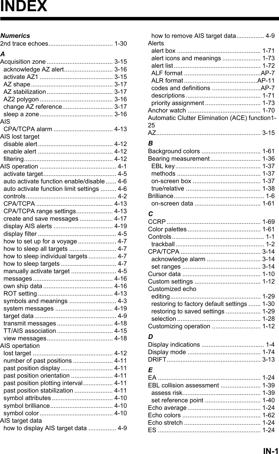 IN-1INDEXNumerics2nd trace echoes..................................... 1-30AAcquisition zone ...................................... 3-15acknowledge AZ alert............................ 3-16activate AZ1 .......................................... 3-15AZ shape............................................... 3-17AZ stabilization...................................... 3-17AZ2 polygon .......................................... 3-16change AZ reference............................. 3-17sleep a zone.......................................... 3-16AISCPA/TCPA alarm .................................. 4-13AIS lost targetdisable alert........................................... 4-12enable alert ........................................... 4-12filtering................................................... 4-12AIS operation ............................................ 4-1activate target.......................................... 4-5auto activate function enable/disable ...... 4-6auto activate function limit settings ......... 4-6controls.................................................... 4-2CPA/TCPA ............................................ 4-13CPA/TCPA range settings..................... 4-13create and save messages ................... 4-17display AIS alerts .................................. 4-19display filter ............................................. 4-5how to set up for a voyage ...................... 4-7how to sleep all targets ........................... 4-7how to sleep individual targets ................ 4-7how to sleep targets ................................ 4-7manually activate target .......................... 4-5messages.............................................. 4-16own ship data ........................................ 4-16ROT setting ........................................... 4-13symbols and meanings ........................... 4-3system messages ................................. 4-19target data ............................................... 4-9transmit messages ................................ 4-18TT/AIS association ................................ 4-15view messages...................................... 4-18AIS opertationlost target .............................................. 4-12number of past positions ....................... 4-11past position display.............................. 4-11past position orientation ........................ 4-11past position plotting interval................. 4-11past position stabilization ...................... 4-11symbol attributes ................................... 4-10symbol brilliance.................................... 4-10symbol color .......................................... 4-10AIS target datahow to display AIS target data ................ 4-9how to remove AIS target data................ 4-9Alertsalert box ................................................ 1-71alert icons and meanings ...................... 1-73alert list.................................................. 1-72ALF format ............................................AP-7ALR format ..........................................AP-11codes and definitions ............................AP-7descriptions ........................................... 1-71priority assignment ................................ 1-73Anchor watch .......................................... 1-70Automatic Clutter Elimination (ACE) function1-25AZ............................................................ 3-15BBackground colors .................................. 1-61Bearing measurement............................. 1-36EBL key................................................. 1-37methods ................................................ 1-37on-screen box ....................................... 1-37true/relative ........................................... 1-38Brilliance.................................................... 1-6on-screen data ...................................... 1-61CCCRP ...................................................... 1-69Color palettes .......................................... 1-61Controls..................................................... 1-1trackball................................................... 1-2CPA/TCPA .............................................. 3-14acknowledge alarm ............................... 3-14set ranges ............................................. 3-14Cursor data ............................................. 1-10Custom settings ...................................... 1-12Customized echoediting.................................................... 1-29restoring to factory default settings ....... 1-30restoring to saved settings .................... 1-29selection ................................................ 1-28Customizing operation ............................ 1-12DDisplay indications .................................... 1-4Display mode .......................................... 1-74DRIFT...................................................... 3-13EEA ........................................................... 1-24EBL collision assessment ....................... 1-39assess risk............................................. 1-39set reference point ................................ 1-40Echo average .......................................... 1-24Echo colors ............................................. 1-62Echo stretch ............................................ 1-24ES ........................................................... 1-24
