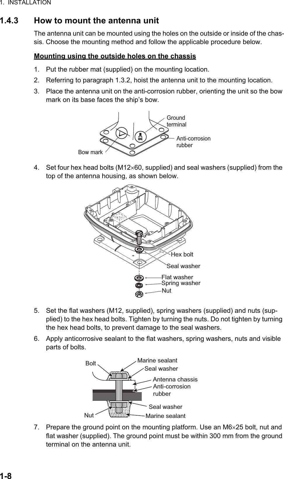 1.  INSTALLATION1-81.4.3 How to mount the antenna unitThe antenna unit can be mounted using the holes on the outside or inside of the chas-sis. Choose the mounting method and follow the applicable procedure below.Mounting using the outside holes on the chassis1. Put the rubber mat (supplied) on the mounting location.2. Referring to paragraph 1.3.2, hoist the antenna unit to the mounting location.3. Place the antenna unit on the anti-corrosion rubber, orienting the unit so the bow mark on its base faces the ship’s bow.4. Set four hex head bolts (M1260, supplied) and seal washers (supplied) from the top of the antenna housing, as shown below.5. Set the flat washers (M12, supplied), spring washers (supplied) and nuts (sup-plied) to the hex head bolts. Tighten by turning the nuts. Do not tighten by turning the hex head bolts, to prevent damage to the seal washers.6. Apply anticorrosive sealant to the flat washers, spring washers, nuts and visible parts of bolts.7. Prepare the ground point on the mounting platform. Use an M625 bolt, nut and flat washer (supplied). The ground point must be within 300 mm from the ground terminal on the antenna unit.GroundterminalAnti-corrosion rubberBow markHex boltSeal washerFlat washerSpring washerNutSeal washerAntenna chassisAnti-corrosionrubberSeal washerMarine sealantMarine sealantBoltNut