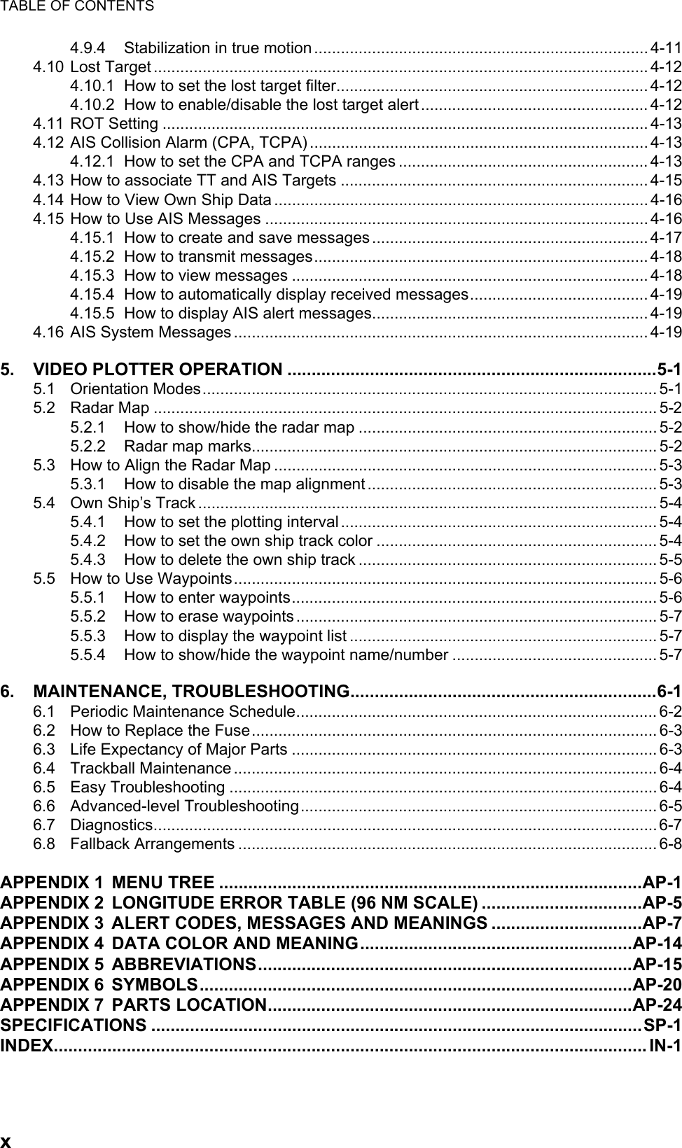 TABLE OF CONTENTSx4.9.4 Stabilization in true motion........................................................................... 4-114.10 Lost Target ............................................................................................................... 4-124.10.1 How to set the lost target filter...................................................................... 4-124.10.2 How to enable/disable the lost target alert ................................................... 4-124.11 ROT Setting ............................................................................................................. 4-134.12 AIS Collision Alarm (CPA, TCPA) ............................................................................ 4-134.12.1 How to set the CPA and TCPA ranges ........................................................ 4-134.13 How to associate TT and AIS Targets ..................................................................... 4-154.14 How to View Own Ship Data .................................................................................... 4-164.15 How to Use AIS Messages ...................................................................................... 4-164.15.1 How to create and save messages.............................................................. 4-174.15.2 How to transmit messages........................................................................... 4-184.15.3 How to view messages ................................................................................ 4-184.15.4 How to automatically display received messages........................................ 4-194.15.5 How to display AIS alert messages.............................................................. 4-194.16 AIS System Messages ............................................................................................. 4-195. VIDEO PLOTTER OPERATION ............................................................................5-15.1 Orientation Modes...................................................................................................... 5-15.2 Radar Map ................................................................................................................. 5-25.2.1 How to show/hide the radar map ................................................................... 5-25.2.2 Radar map marks........................................................................................... 5-25.3 How to Align the Radar Map ...................................................................................... 5-35.3.1 How to disable the map alignment ................................................................. 5-35.4 Own Ship’s Track ....................................................................................................... 5-45.4.1 How to set the plotting interval....................................................................... 5-45.4.2 How to set the own ship track color ............................................................... 5-45.4.3 How to delete the own ship track ................................................................... 5-55.5 How to Use Waypoints............................................................................................... 5-65.5.1 How to enter waypoints.................................................................................. 5-65.5.2 How to erase waypoints................................................................................. 5-75.5.3 How to display the waypoint list ..................................................................... 5-75.5.4 How to show/hide the waypoint name/number .............................................. 5-76. MAINTENANCE, TROUBLESHOOTING...............................................................6-16.1 Periodic Maintenance Schedule................................................................................. 6-26.2 How to Replace the Fuse........................................................................................... 6-36.3 Life Expectancy of Major Parts .................................................................................. 6-36.4 Trackball Maintenance ............................................................................................... 6-46.5 Easy Troubleshooting ................................................................................................ 6-46.6 Advanced-level Troubleshooting................................................................................ 6-56.7 Diagnostics.................................................................................................................6-76.8 Fallback Arrangements .............................................................................................. 6-8APPENDIX 1 MENU TREE .......................................................................................AP-1APPENDIX 2 LONGITUDE ERROR TABLE (96 NM SCALE) .................................AP-5APPENDIX 3 ALERT CODES, MESSAGES AND MEANINGS ...............................AP-7APPENDIX 4 DATA COLOR AND MEANING........................................................AP-14APPENDIX 5 ABBREVIATIONS.............................................................................AP-15APPENDIX 6 SYMBOLS.........................................................................................AP-20APPENDIX 7 PARTS LOCATION...........................................................................AP-24SPECIFICATIONS .....................................................................................................SP-1INDEX.......................................................................................................................... IN-1