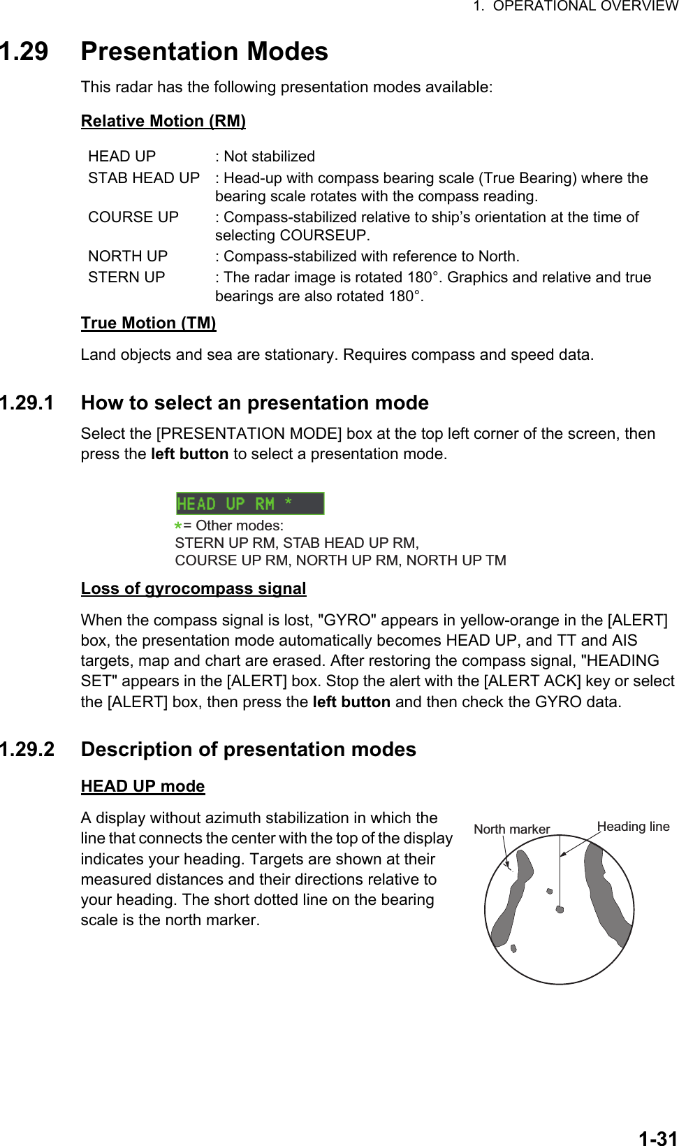 1.  OPERATIONAL OVERVIEW1-311.29 Presentation ModesThis radar has the following presentation modes available:Relative Motion (RM)True Motion (TM)Land objects and sea are stationary. Requires compass and speed data.1.29.1 How to select an presentation modeSelect the [PRESENTATION MODE] box at the top left corner of the screen, then press the left button to select a presentation mode.Loss of gyrocompass signalWhen the compass signal is lost, &quot;GYRO&quot; appears in yellow-orange in the [ALERT] box, the presentation mode automatically becomes HEAD UP, and TT and AIS targets, map and chart are erased. After restoring the compass signal, &quot;HEADING SET&quot; appears in the [ALERT] box. Stop the alert with the [ALERT ACK] key or select the [ALERT] box, then press the left button and then check the GYRO data.1.29.2 Description of presentation modesHEAD UP modeA display without azimuth stabilization in which the line that connects the center with the top of the display indicates your heading. Targets are shown at their measured distances and their directions relative to your heading. The short dotted line on the bearing scale is the north marker.HEAD UP : Not stabilizedSTAB HEAD UP : Head-up with compass bearing scale (True Bearing) where the bearing scale rotates with the compass reading.COURSE UP : Compass-stabilized relative to ship’s orientation at the time of selecting COURSEUP.NORTH UP : Compass-stabilized with reference to North.STERN UP : The radar image is rotated 180°. Graphics and relative and true bearings are also rotated 180°.  = Other modes:STERN UP RM, STAB HEAD UP RM, COURSE UP RM, NORTH UP RM, NORTH UP TMHeading lineNorth marker