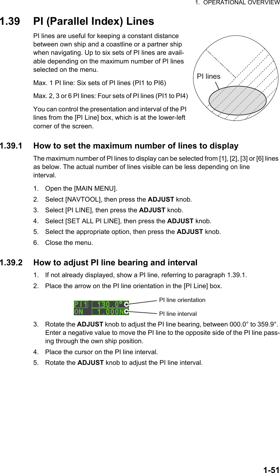 1.  OPERATIONAL OVERVIEW1-511.39 PI (Parallel Index) LinesPI lines are useful for keeping a constant distance between own ship and a coastline or a partner ship when navigating. Up to six sets of PI lines are avail-able depending on the maximum number of PI lines selected on the menu.Max. 1 PI line: Six sets of PI lines (PI1 to PI6) Max. 2, 3 or 6 PI lines: Four sets of PI lines (PI1 to PI4)You can control the presentation and interval of the PI lines from the [PI Line] box, which is at the lower-left corner of the screen.1.39.1 How to set the maximum number of lines to displayThe maximum number of PI lines to display can be selected from [1], [2], [3] or [6] lines as below. The actual number of lines visible can be less depending on line interval.1. Open the [MAIN MENU].2. Select [NAVTOOL], then press the ADJUST knob.3. Select [PI LINE], then press the ADJUST knob.4. Select [SET ALL PI LINE], then press the ADJUST knob.5. Select the appropriate option, then press the ADJUST knob.6. Close the menu.1.39.2 How to adjust PI line bearing and interval1. If not already displayed, show a PI line, referring to paragraph 1.39.1.2. Place the arrow on the PI line orientation in the [PI Line] box.3. Rotate the ADJUST knob to adjust the PI line bearing, between 000.0° to 359.9°. Enter a negative value to move the PI line to the opposite side of the PI line pass-ing through the own ship position.4. Place the cursor on the PI line interval.5. Rotate the ADJUST knob to adjust the PI line interval.PI linesPI line orientationPI line interval