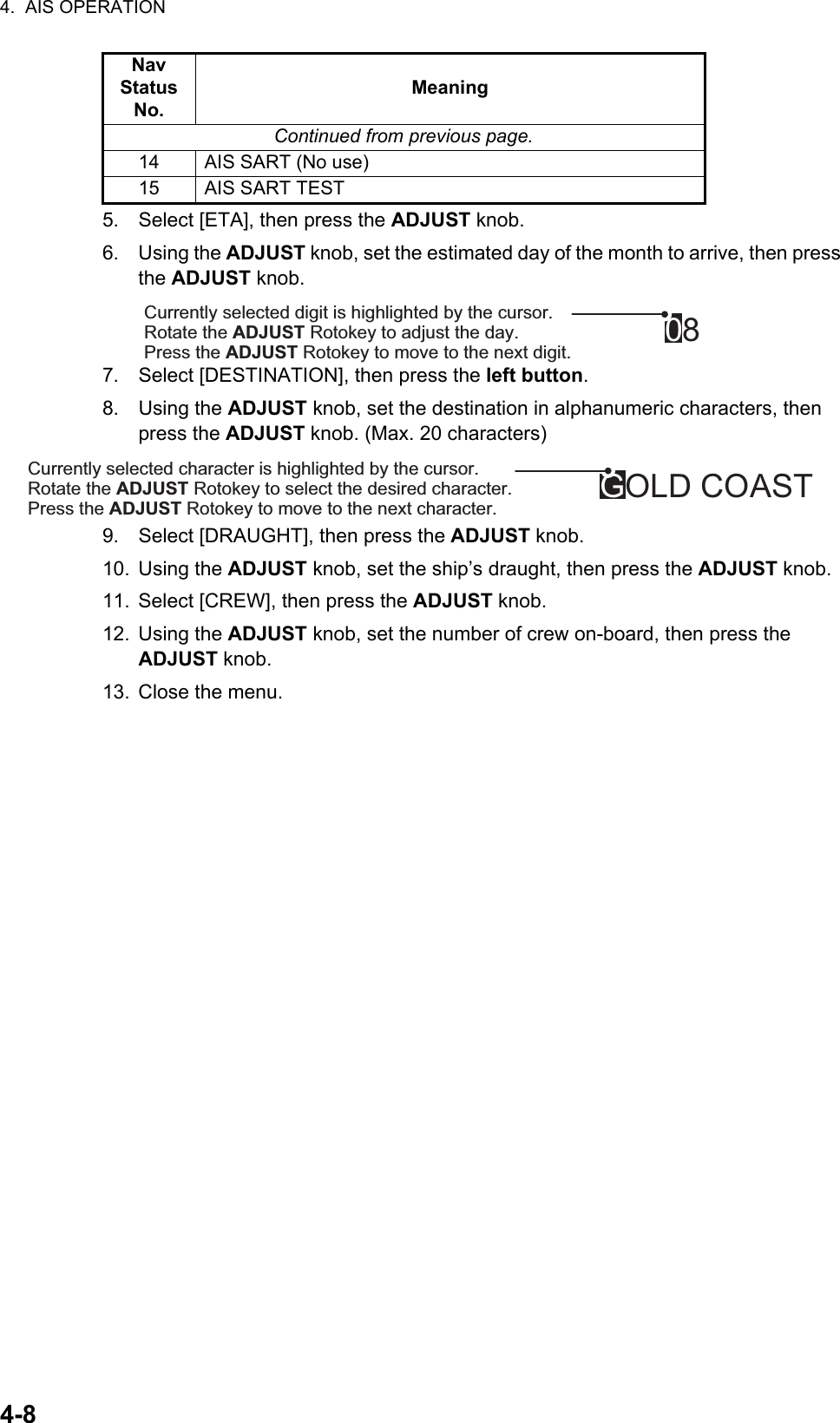 4.  AIS OPERATION4-85. Select [ETA], then press the ADJUST knob.6. Using the ADJUST knob, set the estimated day of the month to arrive, then press the ADJUST knob.7. Select [DESTINATION], then press the left button.8. Using the ADJUST knob, set the destination in alphanumeric characters, then press the ADJUST knob. (Max. 20 characters)9. Select [DRAUGHT], then press the ADJUST knob.10. Using the ADJUST knob, set the ship’s draught, then press the ADJUST knob.11. Select [CREW], then press the ADJUST knob.12. Using the ADJUST knob, set the number of crew on-board, then press the ADJUST knob.13. Close the menu.Continued from previous page.14 AIS SART (No use)15 AIS SART TESTNav Status No.Meaning08Currently selected digit is highlighted by the cursor.Rotate the ADJUST Rotokey to adjust the day.Press the ADJUST Rotokey to move to the next digit.GOLD COASTCurrently selected character is highlighted by the cursor.Rotate the ADJUST Rotokey to select the desired character.Press the ADJUST Rotokey to move to the next character.