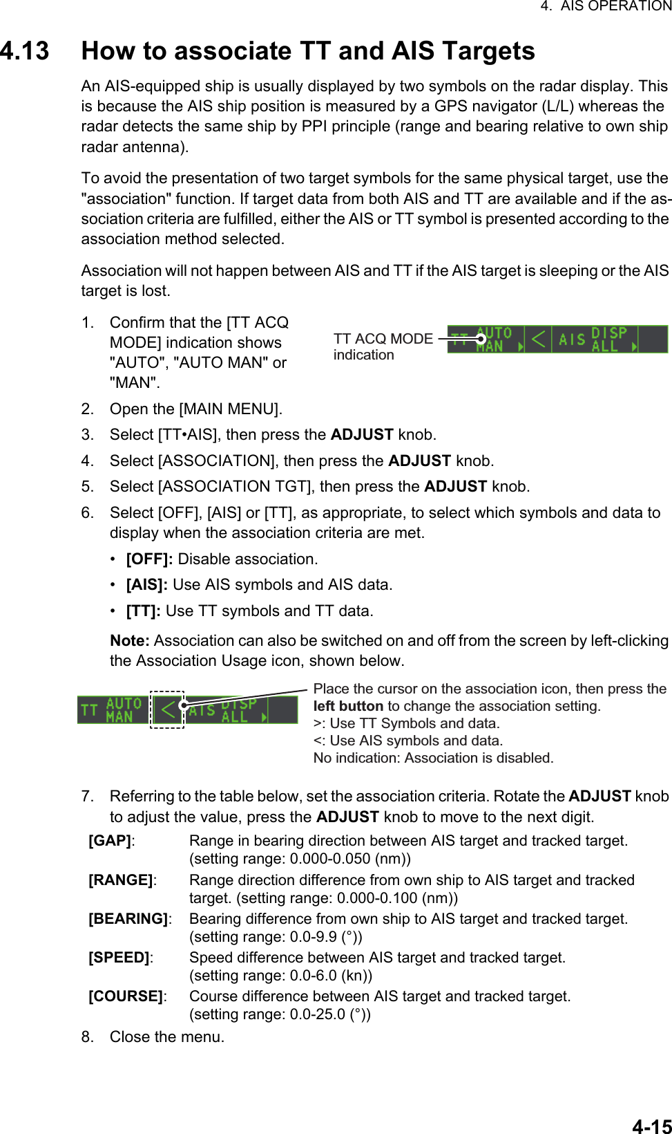 4.  AIS OPERATION4-154.13 How to associate TT and AIS TargetsAn AIS-equipped ship is usually displayed by two symbols on the radar display. This is because the AIS ship position is measured by a GPS navigator (L/L) whereas the radar detects the same ship by PPI principle (range and bearing relative to own ship radar antenna). To avoid the presentation of two target symbols for the same physical target, use the &quot;association&quot; function. If target data from both AIS and TT are available and if the as-sociation criteria are fulfilled, either the AIS or TT symbol is presented according to the association method selected.Association will not happen between AIS and TT if the AIS target is sleeping or the AIS target is lost.1. Confirm that the [TT ACQ MODE] indication shows &quot;AUTO&quot;, &quot;AUTO MAN&quot; or &quot;MAN&quot;.2. Open the [MAIN MENU].3. Select [TT•AIS], then press the ADJUST knob.4. Select [ASSOCIATION], then press the ADJUST knob.5. Select [ASSOCIATION TGT], then press the ADJUST knob.6. Select [OFF], [AIS] or [TT], as appropriate, to select which symbols and data to display when the association criteria are met.•  [OFF]: Disable association.•  [AIS]: Use AIS symbols and AIS data.•  [TT]: Use TT symbols and TT data.Note: Association can also be switched on and off from the screen by left-clicking the Association Usage icon, shown below.7. Referring to the table below, set the association criteria. Rotate the ADJUST knob to adjust the value, press the ADJUST knob to move to the next digit.8. Close the menu.[GAP]: Range in bearing direction between AIS target and tracked target.(setting range: 0.000-0.050 (nm))[RANGE]: Range direction difference from own ship to AIS target and tracked target. (setting range: 0.000-0.100 (nm))[BEARING]: Bearing difference from own ship to AIS target and tracked target. (setting range: 0.0-9.9 (°))[SPEED]: Speed difference between AIS target and tracked target. (setting range: 0.0-6.0 (kn))[COURSE]: Course difference between AIS target and tracked target. (setting range: 0.0-25.0 (°))TT ACQ MODE indicationPlace the cursor on the association icon, then press the left button to change the association setting.&gt;: Use TT Symbols and data.&lt;: Use AIS symbols and data.No indication: Association is disabled.