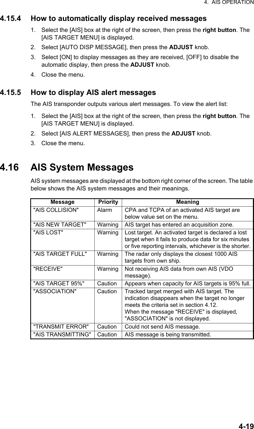 4.  AIS OPERATION4-194.15.4 How to automatically display received messages1. Select the [AIS] box at the right of the screen, then press the right button. The [AIS TARGET MENU] is displayed.2. Select [AUTO DISP MESSAGE], then press the ADJUST knob.3. Select [ON] to display messages as they are received, [OFF] to disable the automatic display, then press the ADJUST knob.4. Close the menu.4.15.5 How to display AIS alert messagesThe AIS transponder outputs various alert messages. To view the alert list:1. Select the [AIS] box at the right of the screen, then press the right button. The [AIS TARGET MENU] is displayed.2. Select [AIS ALERT MESSAGES], then press the ADJUST knob.3. Close the menu.4.16 AIS System MessagesAIS system messages are displayed at the bottom right corner of the screen. The table below shows the AIS system messages and their meanings.Message Priority Meaning&quot;AIS COLLISION&quot; Alarm CPA and TCPA of an activated AIS target are below value set on the menu.&quot;AIS NEW TARGET&quot; Warning AIS target has entered an acquisition zone.&quot;AIS LOST&quot; Warning Lost target. An activated target is declared a lost target when it fails to produce data for six minutes or five reporting intervals, whichever is the shorter.&quot;AIS TARGET FULL&quot; Warning The radar only displays the closest 1000 AIS targets from own ship.&quot;RECEIVE&quot; Warning Not receiving AIS data from own AIS (VDO message).&quot;AIS TARGET 95%&quot; Caution Appears when capacity for AIS targets is 95% full.&quot;ASSOCIATION&quot; Caution Tracked target merged with AIS target. The indication disappears when the target no longer meets the criteria set in section 4.12.When the message &quot;RECEIVE&quot; is displayed, &quot;ASSOCIATION&quot; is not displayed.&quot;TRANSMIT ERROR&quot; Caution Could not send AIS message.&quot;AIS TRANSMITTING&quot; Caution AIS message is being transmitted.