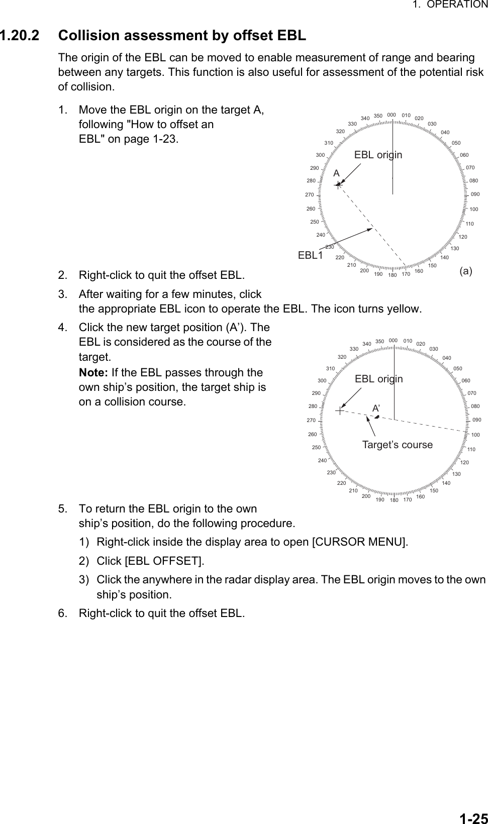 1.  OPERATION1-251.20.2 Collision assessment by offset EBLThe origin of the EBL can be moved to enable measurement of range and bearing    between any targets. This function is also useful for assessment of the potential risk of collision.1. Move the EBL origin on the target A, following &quot;How to offset an EBL&quot; on page 1-23.2. Right-click to quit the offset EBL.3. After waiting for a few minutes, click the appropriate EBL icon to operate the EBL. The icon turns yellow.4. Click the new target position (A’). The EBL is considered as the course of the target.Note: If the EBL passes through the own ship’s position, the target ship is on a collision course. 5. To return the EBL origin to the own ship’s position, do the following procedure.1) Right-click inside the display area to open [CURSOR MENU].2) Click [EBL OFFSET].3) Click the anywhere in the radar display area. The EBL origin moves to the own ship’s position.6. Right-click to quit the offset EBL.000 010 020030040050060070080090100110120130140150160170180190200210220230240250260270280290300310320330 340 350AEBL1(a)EBL origin000 010 020030040050060070080090100110120130140150160170180190200210220230240250260270280290300310320330 340 350A’Target’s courseEBL origin