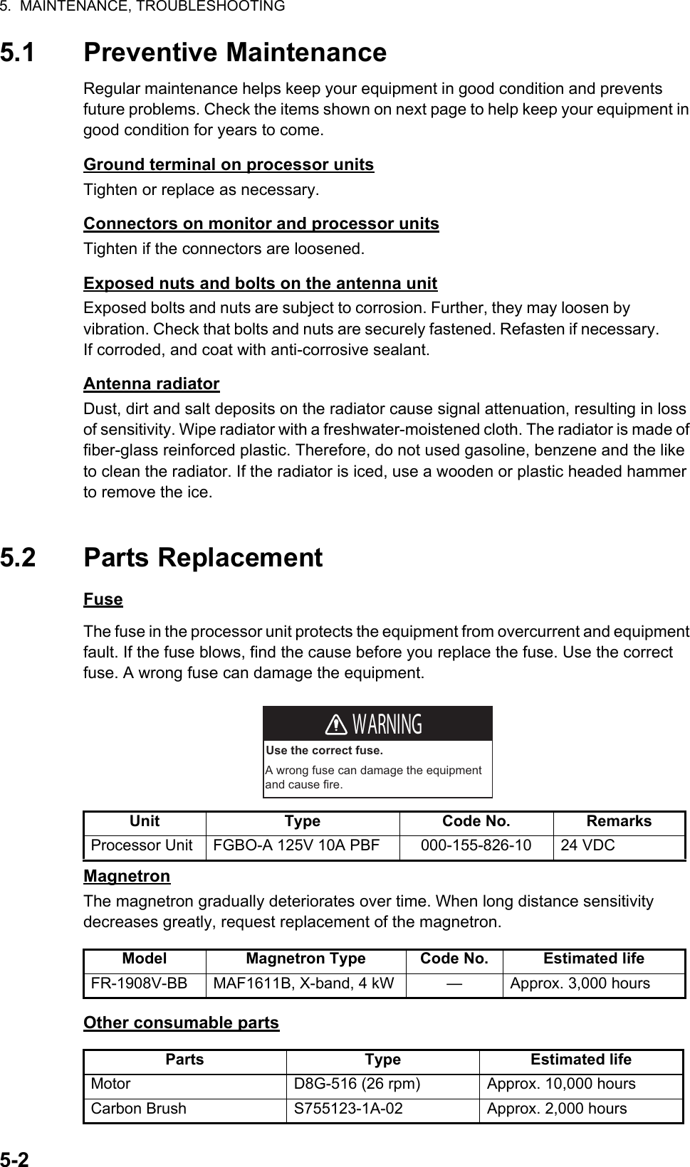 5.  MAINTENANCE, TROUBLESHOOTING5-25.1 Preventive MaintenanceRegular maintenance helps keep your equipment in good condition and prevents       future problems. Check the items shown on next page to help keep your equipment in good condition for years to come. Ground terminal on processor unitsTighten or replace as necessary.Connectors on monitor and processor unitsTighten if the connectors are loosened.Exposed nuts and bolts on the antenna unitExposed bolts and nuts are subject to corrosion. Further, they may loosen by                vibration. Check that bolts and nuts are securely fastened. Refasten if necessary.         If corroded, and coat with anti-corrosive sealant.Antenna radiatorDust, dirt and salt deposits on the radiator cause signal attenuation, resulting in loss of sensitivity. Wipe radiator with a freshwater-moistened cloth. The radiator is made of fiber-glass reinforced plastic. Therefore, do not used gasoline, benzene and the like to clean the radiator. If the radiator is iced, use a wooden or plastic headed hammer to remove the ice.5.2 Parts ReplacementFuseThe fuse in the processor unit protects the equipment from overcurrent and equipment fault. If the fuse blows, find the cause before you replace the fuse. Use the correct fuse. A wrong fuse can damage the equipment.MagnetronThe magnetron gradually deteriorates over time. When long distance sensitivity        decreases greatly, request replacement of the magnetron.Other consumable partsUnit Type Code No. RemarksProcessor Unit FGBO-A 125V 10A PBF 000-155-826-10 24 VDCModel Magnetron Type Code No. Estimated lifeFR-1908V-BB MAF1611B, X-band, 4 kW — Approx. 3,000 hoursParts Type Estimated lifeMotor D8G-516 (26 rpm) Approx. 10,000 hoursCarbon Brush S755123-1A-02 Approx. 2,000 hoursUse the correct fuse.A wrong fuse can damage the equipment and cause fire.WARNING