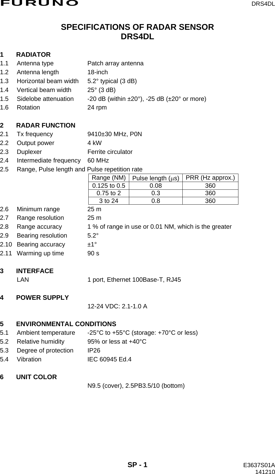 FURUNO  DRS4DL  SP - 1  E3637S01A 141210 SPECIFICATIONS OF RADAR SENSOR DRS4DL  1 RADIATOR 1.1  Antenna type  Patch array antenna 1.2 Antenna length  18-inch 1.3  Horizontal beam width  5.2° typical (3 dB) 1.4  Vertical beam width  25° (3 dB) 1.5  Sidelobe attenuation  -20 dB (within ±20°), -25 dB (±20° or more) 1.6 Rotation  24 rpm  2 RADAR FUNCTION 2.1  Tx frequency  9410±30 MHz, P0N 2.2  Output power  4 kW 2.3 Duplexer  Ferrite circulator 2.4  Intermediate frequency  60 MHz 2.5  Range, Pulse length and Pulse repetition rate Range (NM) Pulse length (s) PRR (Hz approx.) 0.125 to 0.5 0.08  360 0.75 to 2  0.3  360 3 to 24  0.8  360 2.6  Minimum range  25 m 2.7  Range resolution  25 m 2.8  Range accuracy  1 % of range in use or 0.01 NM, which is the greater 2.9 Bearing resolution  5.2° 2.10 Bearing accuracy  ±1° 2.11  Warming up time  90 s  3 INTERFACE LAN  1 port, Ethernet 100Base-T, RJ45  4 POWER SUPPLY   12-24 VDC: 2.1-1.0 A  5 ENVIRONMENTAL CONDITIONS 5.1  Ambient temperature  -25°C to +55°C (storage: +70°C or less) 5.2  Relative humidity  95% or less at +40°C 5.3  Degree of protection  IP26 5.4  Vibration  IEC 60945 Ed.4  6 UNIT COLOR   N9.5 (cover), 2.5PB3.5/10 (bottom) 