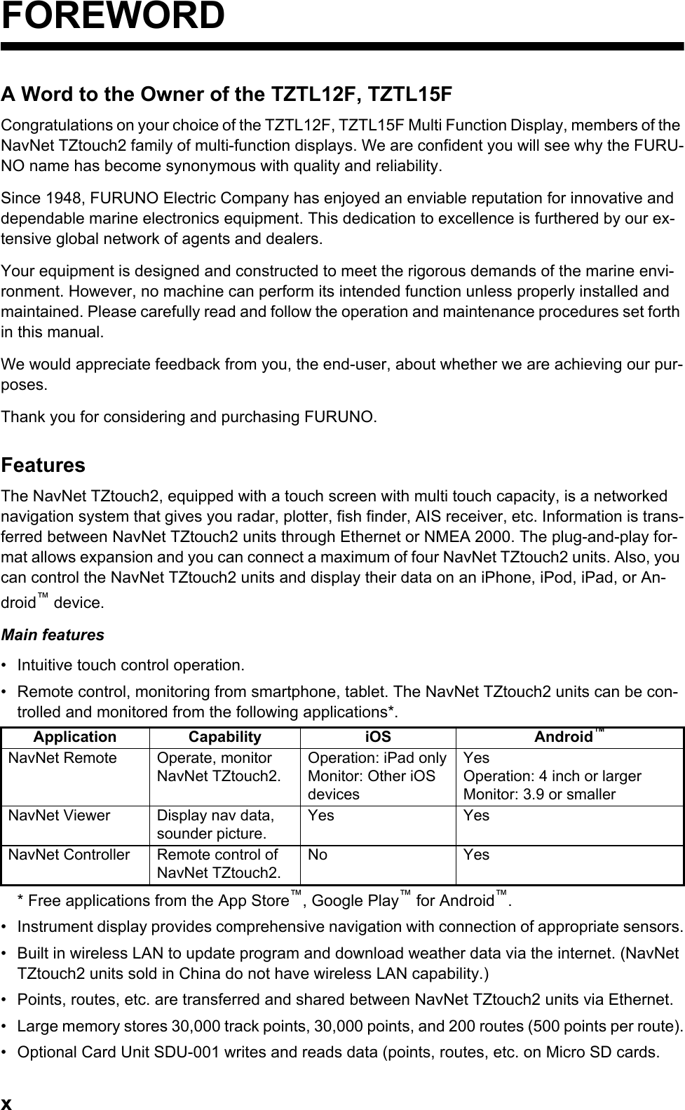 xFOREWORDA Word to the Owner of the TZTL12F, TZTL15FCongratulations on your choice of the TZTL12F, TZTL15F Multi Function Display, members of the NavNet TZtouch2 family of multi-function displays. We are confident you will see why the FURU-NO name has become synonymous with quality and reliability.Since 1948, FURUNO Electric Company has enjoyed an enviable reputation for innovative and dependable marine electronics equipment. This dedication to excellence is furthered by our ex-tensive global network of agents and dealers.Your equipment is designed and constructed to meet the rigorous demands of the marine envi-ronment. However, no machine can perform its intended function unless properly installed and maintained. Please carefully read and follow the operation and maintenance procedures set forth in this manual.We would appreciate feedback from you, the end-user, about whether we are achieving our pur-poses.Thank you for considering and purchasing FURUNO.FeaturesThe NavNet TZtouch2, equipped with a touch screen with multi touch capacity, is a networked navigation system that gives you radar, plotter, fish finder, AIS receiver, etc. Information is trans-ferred between NavNet TZtouch2 units through Ethernet or NMEA 2000. The plug-and-play for-mat allows expansion and you can connect a maximum of four NavNet TZtouch2 units. Also, you can control the NavNet TZtouch2 units and display their data on an iPhone, iPod, iPad, or An-droid™ device.Main features•  Intuitive touch control operation.•  Remote control, monitoring from smartphone, tablet. The NavNet TZtouch2 units can be con-trolled and monitored from the following applications*.* Free applications from the App Store™, Google Play™ for Android™.•  Instrument display provides comprehensive navigation with connection of appropriate sensors.•  Built in wireless LAN to update program and download weather data via the internet. (NavNet TZtouch2 units sold in China do not have wireless LAN capability.)•  Points, routes, etc. are transferred and shared between NavNet TZtouch2 units via Ethernet.•  Large memory stores 30,000 track points, 30,000 points, and 200 routes (500 points per route).•  Optional Card Unit SDU-001 writes and reads data (points, routes, etc. on Micro SD cards.Application Capability iOS Android™NavNet Remote Operate, monitor NavNet TZtouch2.Operation: iPad onlyMonitor: Other iOS devicesYesOperation: 4 inch or largerMonitor: 3.9 or smallerNavNet Viewer Display nav data, sounder picture.Yes YesNavNet Controller Remote control of NavNet TZtouch2.No Yes