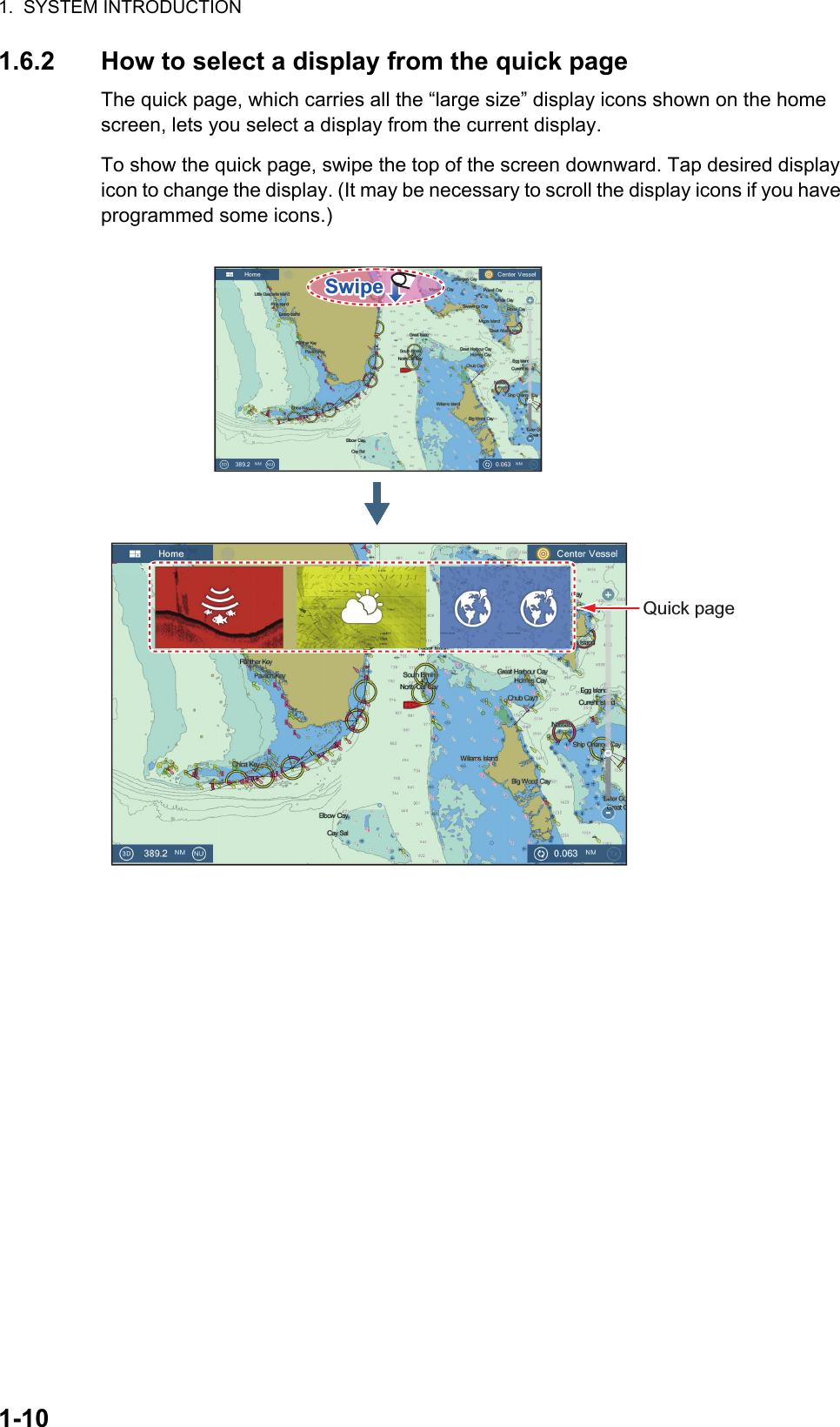 1.  SYSTEM INTRODUCTION1-101.6.2 How to select a display from the quick pageThe quick page, which carries all the “large size” display icons shown on the home screen, lets you select a display from the current display.To show the quick page, swipe the top of the screen downward. Tap desired display icon to change the display. (It may be necessary to scroll the display icons if you have programmed some icons.)SwipeSwipeQuick page