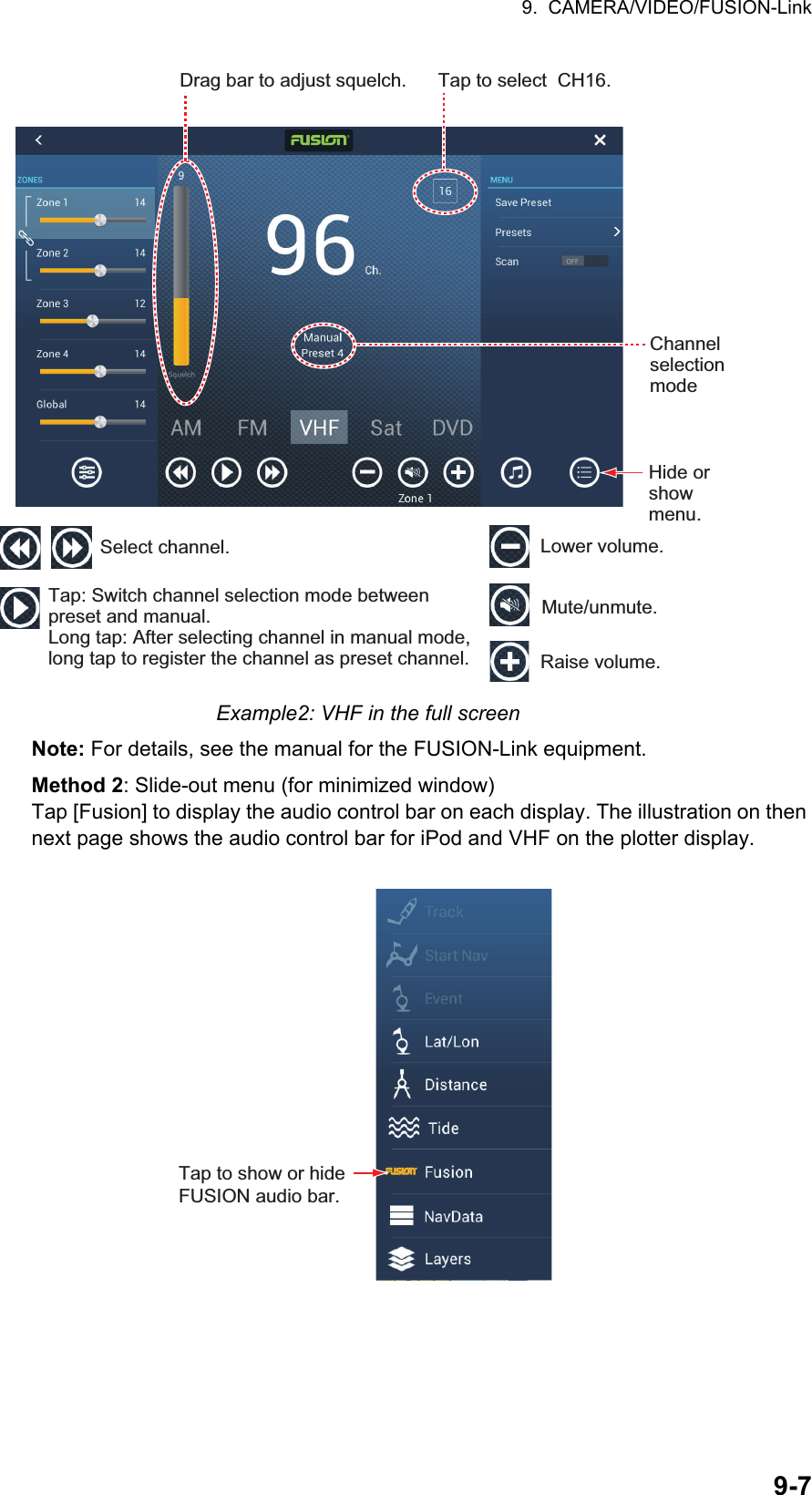 9.  CAMERA/VIDEO/FUSION-Link9-7Example2: VHF in the full screenNote: For details, see the manual for the FUSION-Link equipment.Method 2: Slide-out menu (for minimized window)Tap [Fusion] to display the audio control bar on each display. The illustration on then next page shows the audio control bar for iPod and VHF on the plotter display.Tap: Switch channel selection mode between preset and manual.Long tap: After selecting channel in manual mode, long tap to register the channel as preset channel. Select channel. Lower volume.Raise volume.Mute/unmute.Drag bar to adjust squelch. Tap to select  CH16.Channel selection modeHide or show menu.Tap to show or hideFUSION audio bar.