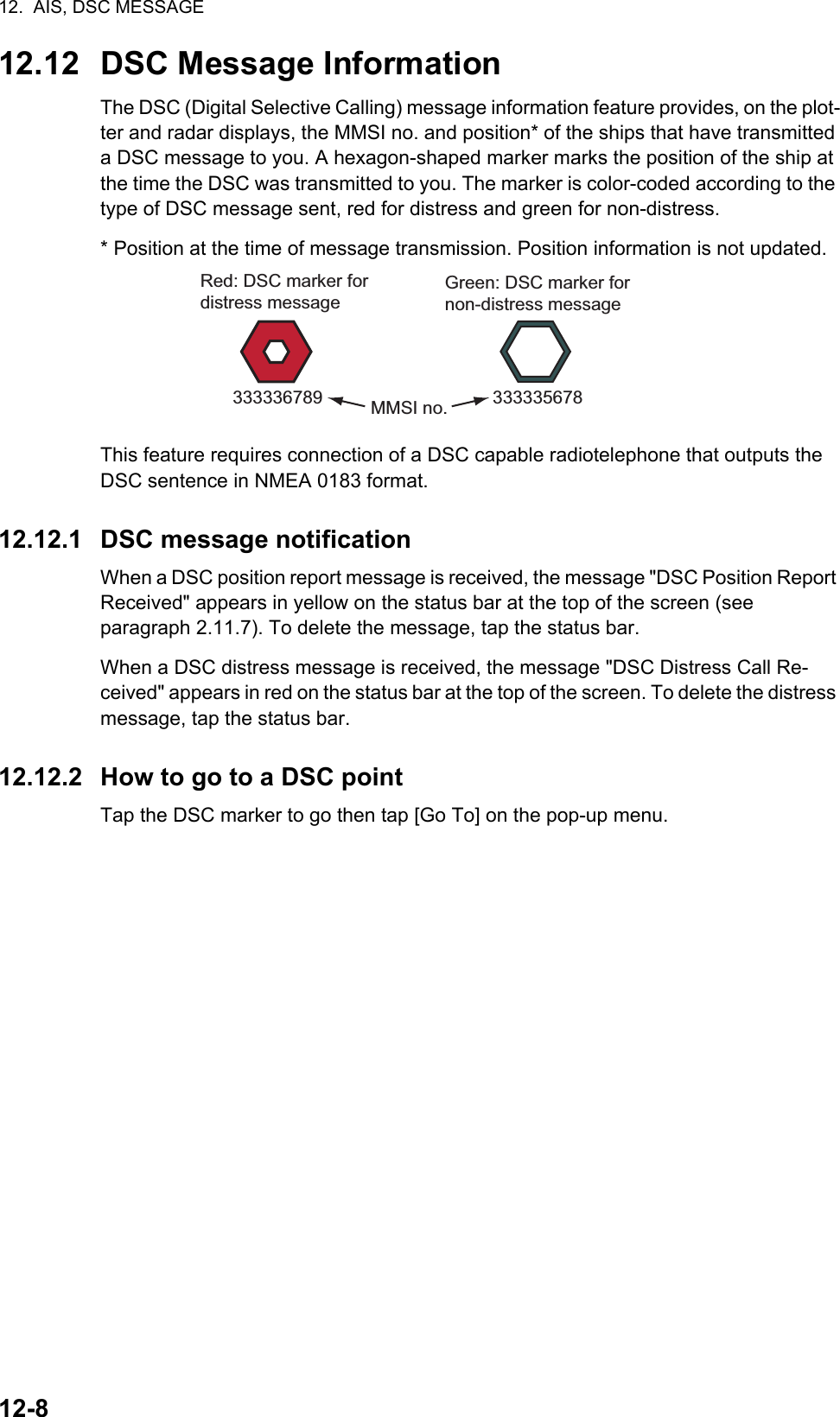 12.  AIS, DSC MESSAGE12-812.12 DSC Message InformationThe DSC (Digital Selective Calling) message information feature provides, on the plot-ter and radar displays, the MMSI no. and position* of the ships that have transmitted a DSC message to you. A hexagon-shaped marker marks the position of the ship at the time the DSC was transmitted to you. The marker is color-coded according to the type of DSC message sent, red for distress and green for non-distress.* Position at the time of message transmission. Position information is not updated.This feature requires connection of a DSC capable radiotelephone that outputs the DSC sentence in NMEA 0183 format.12.12.1 DSC message notificationWhen a DSC position report message is received, the message &quot;DSC Position Report Received&quot; appears in yellow on the status bar at the top of the screen (see paragraph 2.11.7). To delete the message, tap the status bar.When a DSC distress message is received, the message &quot;DSC Distress Call Re-ceived&quot; appears in red on the status bar at the top of the screen. To delete the distress message, tap the status bar.12.12.2 How to go to a DSC pointTap the DSC marker to go then tap [Go To] on the pop-up menu.Red: DSC marker for distress messageGreen: DSC marker for non-distress message333336789 333335678MMSI no.