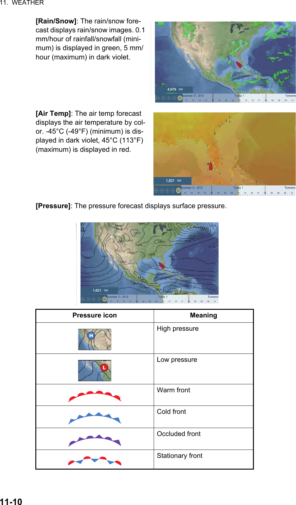 11.  WEATHER11-10[Rain/Snow]: The rain/snow fore-cast displays rain/snow images. 0.1 mm/hour of rainfall/snowfall (mini-mum) is displayed in green, 5 mm/hour (maximum) in dark violet.[Air Temp]: The air temp forecast displays the air temperature by col-or. -45°C (-49°F) (minimum) is dis-played in dark violet, 45°C (113°F) (maximum) is displayed in red.[Pressure]: The pressure forecast displays surface pressure.Pressure icon MeaningHigh pressureLow pressureWarm frontCold frontOccluded frontStationary front4,9791,6211020181,621