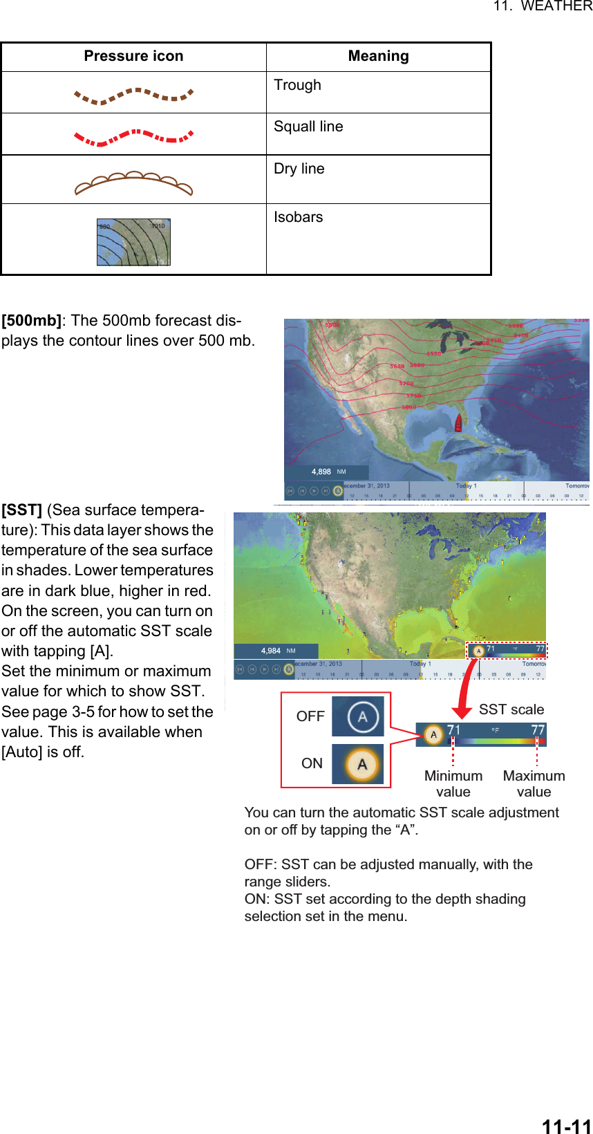 11.  WEATHER11-11[500mb]: The 500mb forecast dis-plays the contour lines over 500 mb.[SST] (Sea surface tempera-ture): This data layer shows the temperature of the sea surface in shades. Lower temperatures are in dark blue, higher in red.On the screen, you can turn on or off the automatic SST scale with tapping [A].Set the minimum or maximum value for which to show SST. See page 3-5 for how to set the value. This is available when [Auto] is off.TroughSquall lineDry lineIsobarsPressure icon Meaning10109804,8984,984SST scale You can turn the automatic SST scale adjustment on or off by tapping the “A”.OFF: SST can be adjusted manually, with the range sliders.ON: SST set according to the depth shading selection set in the menu.MinimumvalueONOFFMaximumvalue