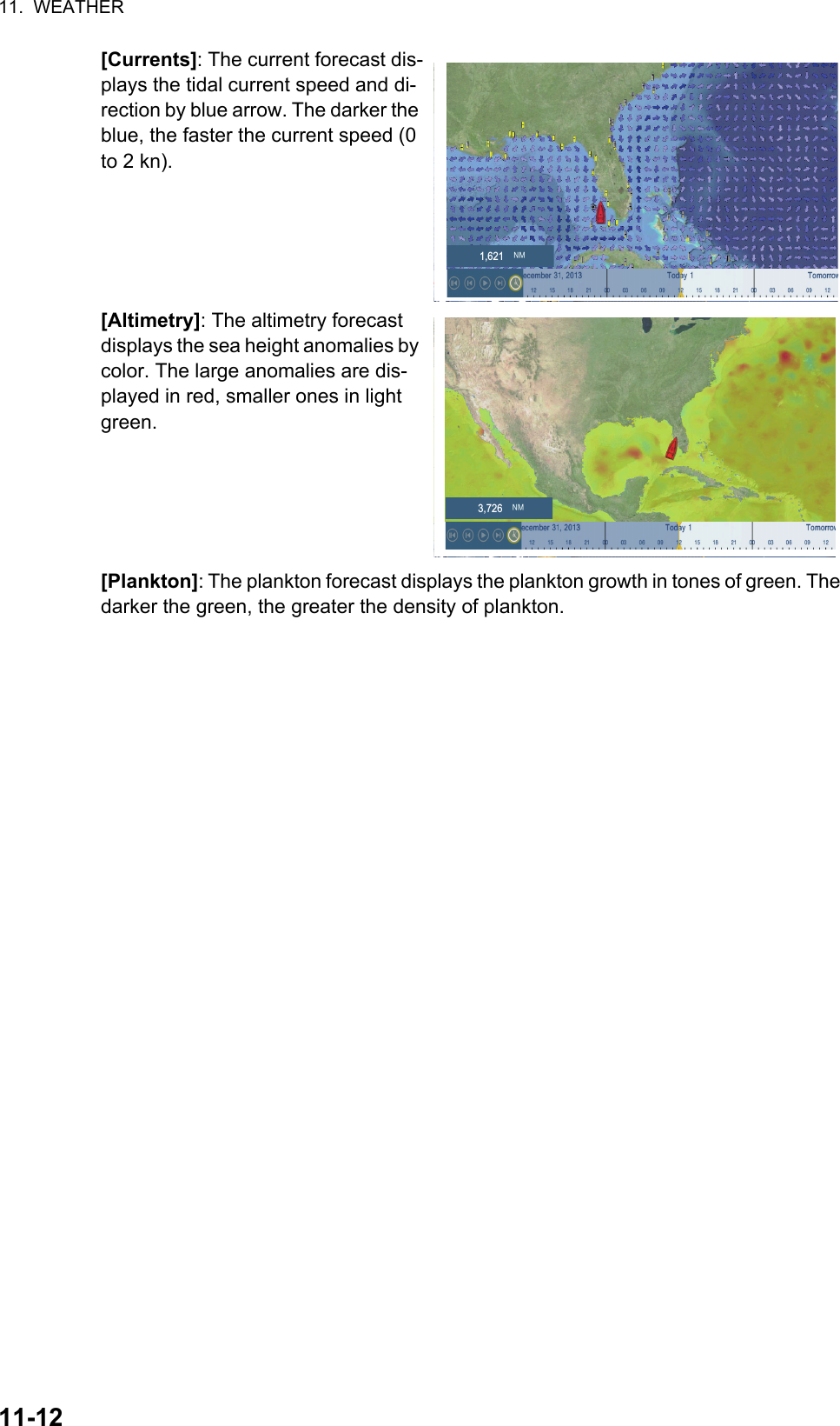 11.  WEATHER11-12[Currents]: The current forecast dis-plays the tidal current speed and di-rection by blue arrow. The darker the blue, the faster the current speed (0 to 2 kn).[Altimetry]: The altimetry forecast displays the sea height anomalies by color. The large anomalies are dis-played in red, smaller ones in light green.[Plankton]: The plankton forecast displays the plankton growth in tones of green. The darker the green, the greater the density of plankton.1,6213,726