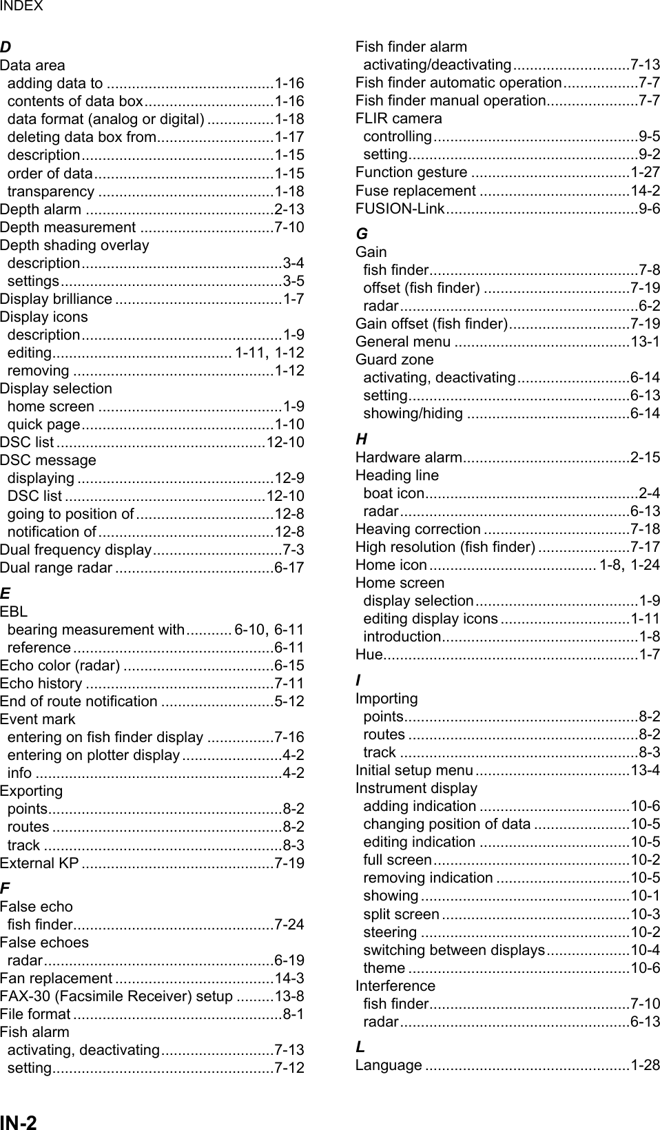 INDEXIN-2DData areaadding data to ........................................1-16contents of data box...............................1-16data format (analog or digital) ................1-18deleting data box from............................1-17description..............................................1-15order of data...........................................1-15transparency ..........................................1-18Depth alarm .............................................2-13Depth measurement ................................7-10Depth shading overlaydescription................................................3-4settings.....................................................3-5Display brilliance ........................................1-7Display iconsdescription................................................1-9editing........................................... 1-11, 1-12removing ................................................1-12Display selectionhome screen ............................................1-9quick page..............................................1-10DSC list ..................................................12-10DSC messagedisplaying ...............................................12-9DSC list ................................................12-10going to position of .................................12-8notification of ..........................................12-8Dual frequency display...............................7-3Dual range radar ......................................6-17EEBLbearing measurement with........... 6-10, 6-11reference ................................................6-11Echo color (radar) ....................................6-15Echo history .............................................7-11End of route notification ...........................5-12Event markentering on fish finder display ................7-16entering on plotter display ........................4-2info ...........................................................4-2Exportingpoints........................................................8-2routes .......................................................8-2track .........................................................8-3External KP ..............................................7-19FFalse echofish finder................................................7-24False echoesradar.......................................................6-19Fan replacement ......................................14-3FAX-30 (Facsimile Receiver) setup .........13-8File format ..................................................8-1Fish alarmactivating, deactivating...........................7-13setting.....................................................7-12Fish finder alarmactivating/deactivating............................7-13Fish finder automatic operation..................7-7Fish finder manual operation......................7-7FLIR cameracontrolling.................................................9-5setting.......................................................9-2Function gesture ......................................1-27Fuse replacement ....................................14-2FUSION-Link..............................................9-6GGainfish finder..................................................7-8offset (fish finder) ...................................7-19radar.........................................................6-2Gain offset (fish finder).............................7-19General menu ..........................................13-1Guard zoneactivating, deactivating...........................6-14setting.....................................................6-13showing/hiding .......................................6-14HHardware alarm........................................2-15Heading lineboat icon...................................................2-4radar.......................................................6-13Heaving correction ...................................7-18High resolution (fish finder) ......................7-17Home icon........................................ 1-8, 1-24Home screendisplay selection.......................................1-9editing display icons ...............................1-11introduction...............................................1-8Hue.............................................................1-7IImportingpoints........................................................8-2routes .......................................................8-2track .........................................................8-3Initial setup menu.....................................13-4Instrument displayadding indication ....................................10-6changing position of data .......................10-5editing indication ....................................10-5full screen...............................................10-2removing indication ................................10-5showing ..................................................10-1split screen .............................................10-3steering ..................................................10-2switching between displays....................10-4theme .....................................................10-6Interferencefish finder................................................7-10radar.......................................................6-13LLanguage .................................................1-28