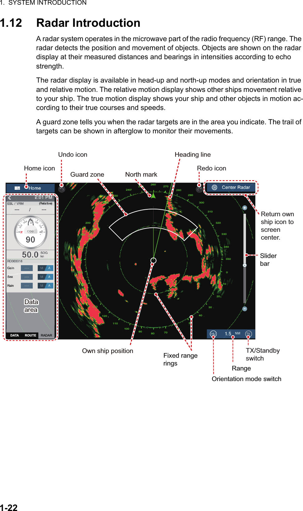 1.  SYSTEM INTRODUCTION1-221.12 Radar IntroductionA radar system operates in the microwave part of the radio frequency (RF) range. The radar detects the position and movement of objects. Objects are shown on the radar display at their measured distances and bearings in intensities according to echo strength.The radar display is available in head-up and north-up modes and orientation in true and relative motion. The relative motion display shows other ships movement relative to your ship. The true motion display shows your ship and other objects in motion ac-cording to their true courses and speeds.A guard zone tells you when the radar targets are in the area you indicate. The trail of targets can be shown in afterglow to monitor their movements.Own ship positionOwn ship positionHome iconUndo iconGuard zoneGuard zoneNorth markNorth markSliderbarReturn ownship icon toscreen center.DataareaDataareaHeading lineHeading lineRedo icon㔎㔐෻኿0102030405060708090100110120200230240250 260 270280290300310320330340350210180170160140220190150130340RangeTX/StandbyswitchOrientation mode switchFixed range ringsDataareaDataareaTXRADARDATA ROUTE