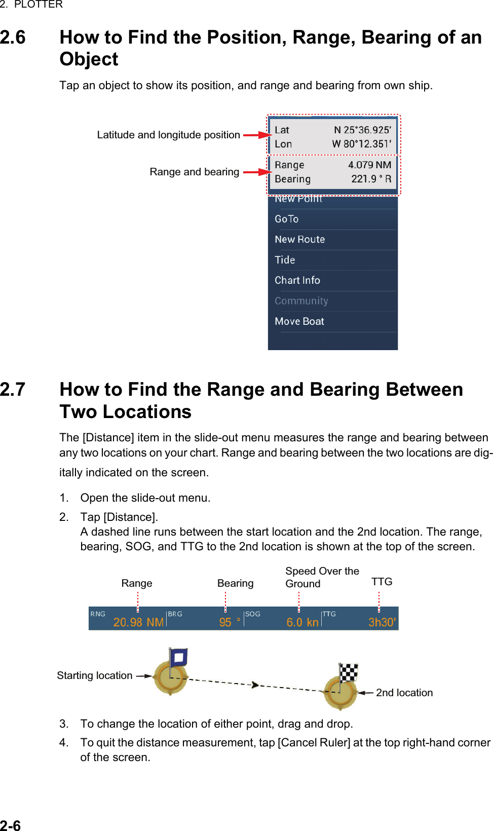 2.  PLOTTER2-62.6 How to Find the Position, Range, Bearing of an ObjectTap an object to show its position, and range and bearing from own ship.2.7 How to Find the Range and Bearing Between Two LocationsThe [Distance] item in the slide-out menu measures the range and bearing between any two locations on your chart. Range and bearing between the two locations are dig-itally indicated on the screen.1. Open the slide-out menu.2. Tap [Distance].A dashed line runs between the start location and the 2nd location. The range, bearing, SOG, and TTG to the 2nd location is shown at the top of the screen.3. To change the location of either point, drag and drop.4. To quit the distance measurement, tap [Cancel Ruler] at the top right-hand corner of the screen.Latitude and longitude positionRange and bearingRange BearingSpeed Over the Ground TTGStarting location2nd location