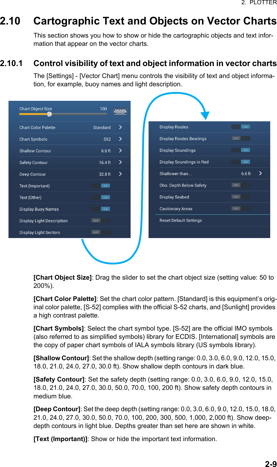 2.  PLOTTER2-92.10 Cartographic Text and Objects on Vector ChartsThis section shows you how to show or hide the cartographic objects and text infor-mation that appear on the vector charts.2.10.1 Control visibility of text and object information in vector chartsThe [Settings] - [Vector Chart] menu controls the visibility of text and object informa-tion, for example, buoy names and light description.[Chart Object Size]: Drag the slider to set the chart object size (setting value: 50 to 200%).[Chart Color Palette]: Set the chart color pattern. [Standard] is this equipment’s orig-inal color palette, [S-52] complies with the official S-52 charts, and [Sunlight] provides a high contrast palette.[Chart Symbols]: Select the chart symbol type. [S-52] are the official IMO symbols (also referred to as simplified symbols) library for ECDIS. [International] symbols are the copy of paper chart symbols of IALA symbols library (US symbols library).[Shallow Contour]: Set the shallow depth (setting range: 0.0, 3.0, 6.0, 9.0, 12.0, 15.0, 18.0, 21.0, 24.0, 27.0, 30.0 ft). Show shallow depth contours in dark blue.[Safety Contour]: Set the safety depth (setting range: 0.0, 3.0, 6.0, 9.0, 12.0, 15.0, 18.0, 21.0, 24.0, 27.0, 30.0, 50.0, 70.0, 100, 200 ft). Show safety depth contours in medium blue.[Deep Contour]: Set the deep depth (setting range: 0.0, 3.0, 6.0, 9.0, 12.0, 15.0, 18.0, 21.0, 24.0, 27.0, 30.0, 50.0, 70.0, 100, 200, 300, 500, 1,000, 2,000 ft). Show deep-depth contours in light blue. Depths greater than set here are shown in white.[Text (Important)]: Show or hide the important text information.6.0 ft