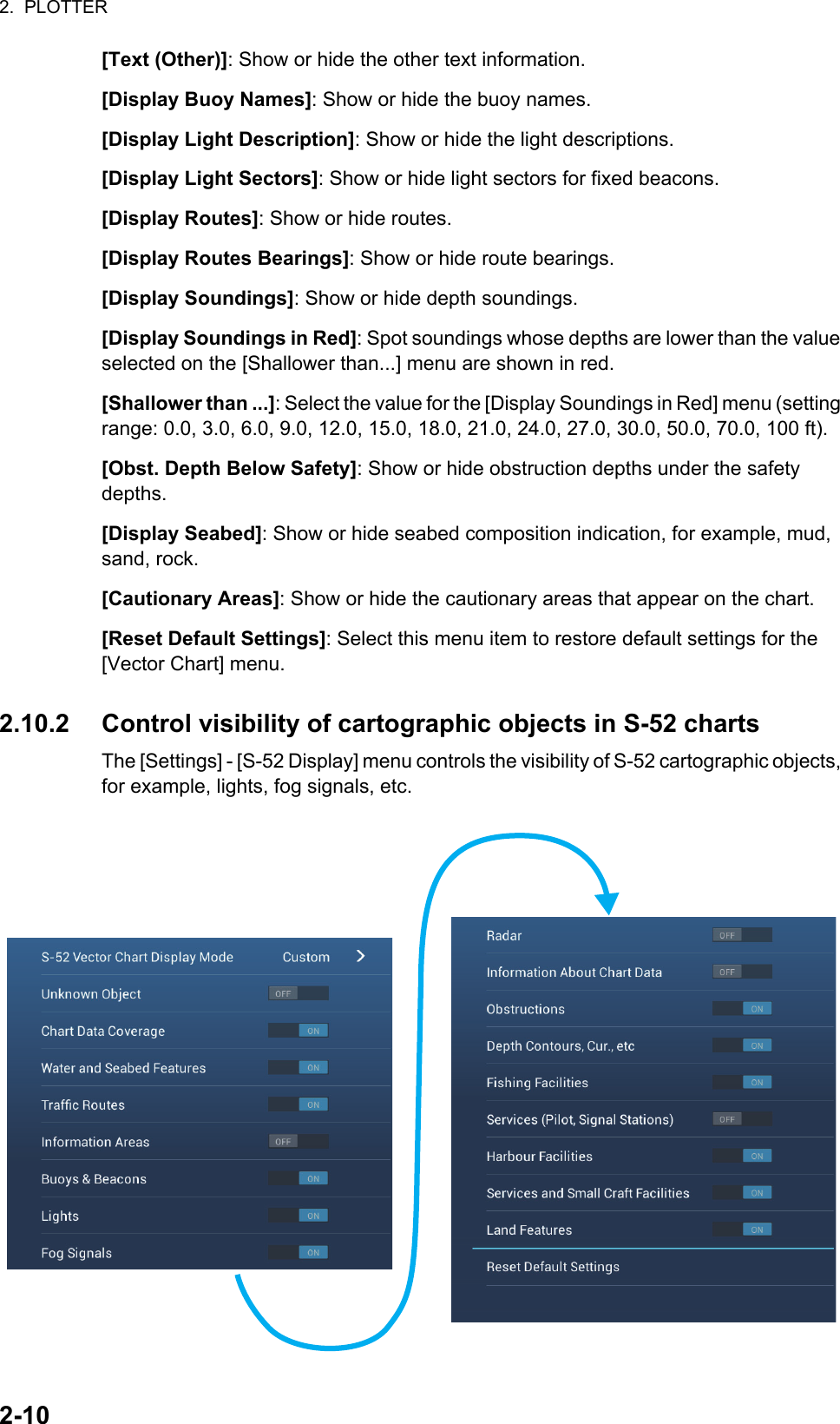 2.  PLOTTER2-10[Text (Other)]: Show or hide the other text information.[Display Buoy Names]: Show or hide the buoy names.[Display Light Description]: Show or hide the light descriptions.[Display Light Sectors]: Show or hide light sectors for fixed beacons.[Display Routes]: Show or hide routes.[Display Routes Bearings]: Show or hide route bearings.[Display Soundings]: Show or hide depth soundings.[Display Soundings in Red]: Spot soundings whose depths are lower than the value selected on the [Shallower than...] menu are shown in red.[Shallower than ...]: Select the value for the [Display Soundings in Red] menu (setting range: 0.0, 3.0, 6.0, 9.0, 12.0, 15.0, 18.0, 21.0, 24.0, 27.0, 30.0, 50.0, 70.0, 100 ft).[Obst. Depth Below Safety]: Show or hide obstruction depths under the safety depths.[Display Seabed]: Show or hide seabed composition indication, for example, mud, sand, rock.[Cautionary Areas]: Show or hide the cautionary areas that appear on the chart.[Reset Default Settings]: Select this menu item to restore default settings for the [Vector Chart] menu.2.10.2 Control visibility of cartographic objects in S-52 chartsThe [Settings] - [S-52 Display] menu controls the visibility of S-52 cartographic objects, for example, lights, fog signals, etc.