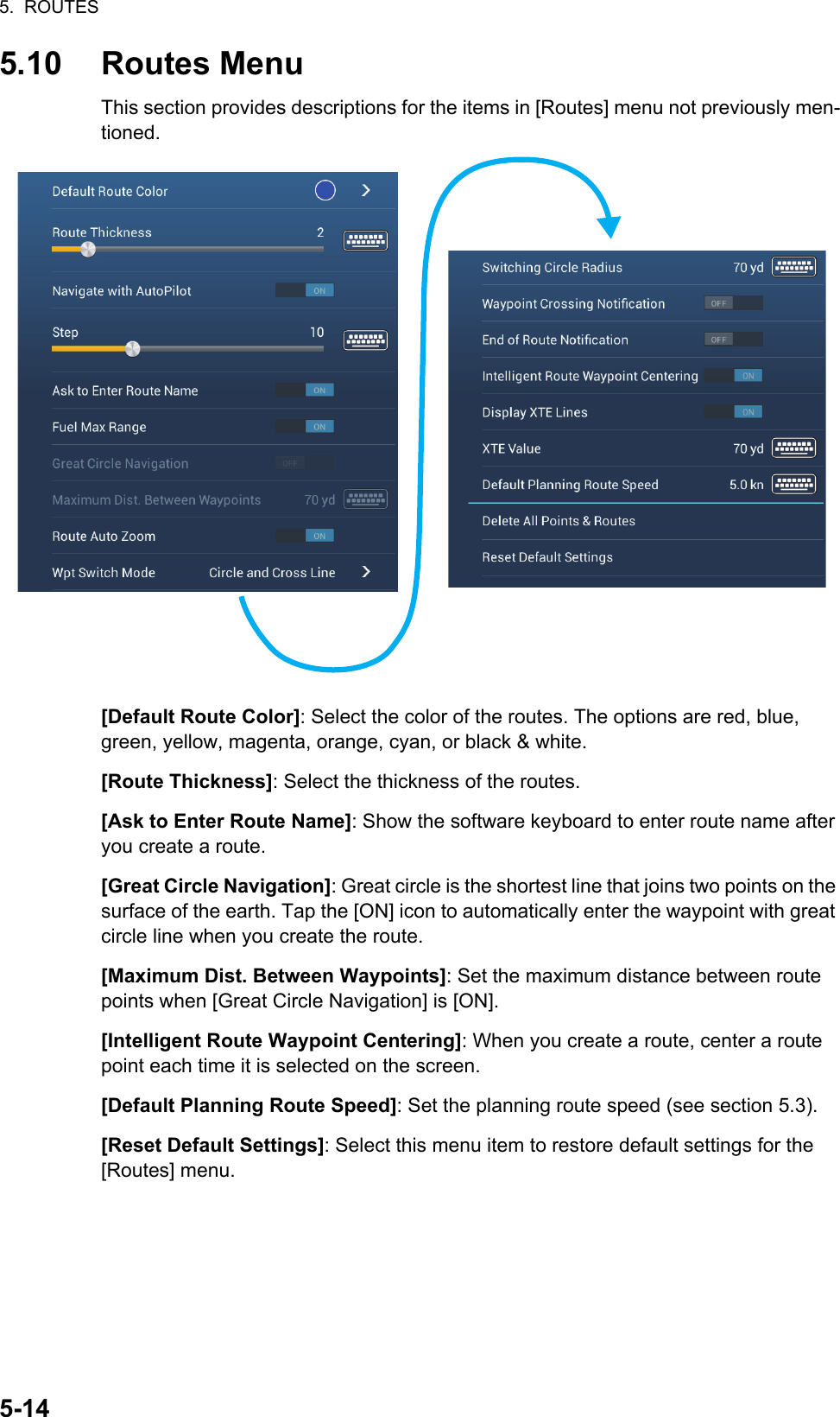 5.  ROUTES5-145.10 Routes MenuThis section provides descriptions for the items in [Routes] menu not previously men-tioned.[Default Route Color]: Select the color of the routes. The options are red, blue, green, yellow, magenta, orange, cyan, or black &amp; white.[Route Thickness]: Select the thickness of the routes.[Ask to Enter Route Name]: Show the software keyboard to enter route name after you create a route.[Great Circle Navigation]: Great circle is the shortest line that joins two points on the surface of the earth. Tap the [ON] icon to automatically enter the waypoint with great circle line when you create the route.[Maximum Dist. Between Waypoints]: Set the maximum distance between route points when [Great Circle Navigation] is [ON].[Intelligent Route Waypoint Centering]: When you create a route, center a route point each time it is selected on the screen.[Default Planning Route Speed]: Set the planning route speed (see section 5.3).[Reset Default Settings]: Select this menu item to restore default settings for the [Routes] menu.