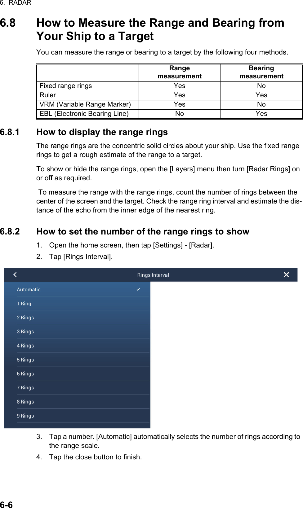 6.  RADAR6-66.8 How to Measure the Range and Bearing from Your Ship to a TargetYou can measure the range or bearing to a target by the following four methods.6.8.1 How to display the range ringsThe range rings are the concentric solid circles about your ship. Use the fixed range rings to get a rough estimate of the range to a target. To show or hide the range rings, open the [Layers] menu then turn [Radar Rings] on or off as required. To measure the range with the range rings, count the number of rings between the center of the screen and the target. Check the range ring interval and estimate the dis-tance of the echo from the inner edge of the nearest ring.6.8.2 How to set the number of the range rings to show1. Open the home screen, then tap [Settings] - [Radar].2. Tap [Rings Interval].3. Tap a number. [Automatic] automatically selects the number of rings according to the range scale.4. Tap the close button to finish.RangemeasurementBearingmeasurementFixed range rings Yes NoRuler Yes YesVRM (Variable Range Marker) Yes NoEBL (Electronic Bearing Line) No Yes