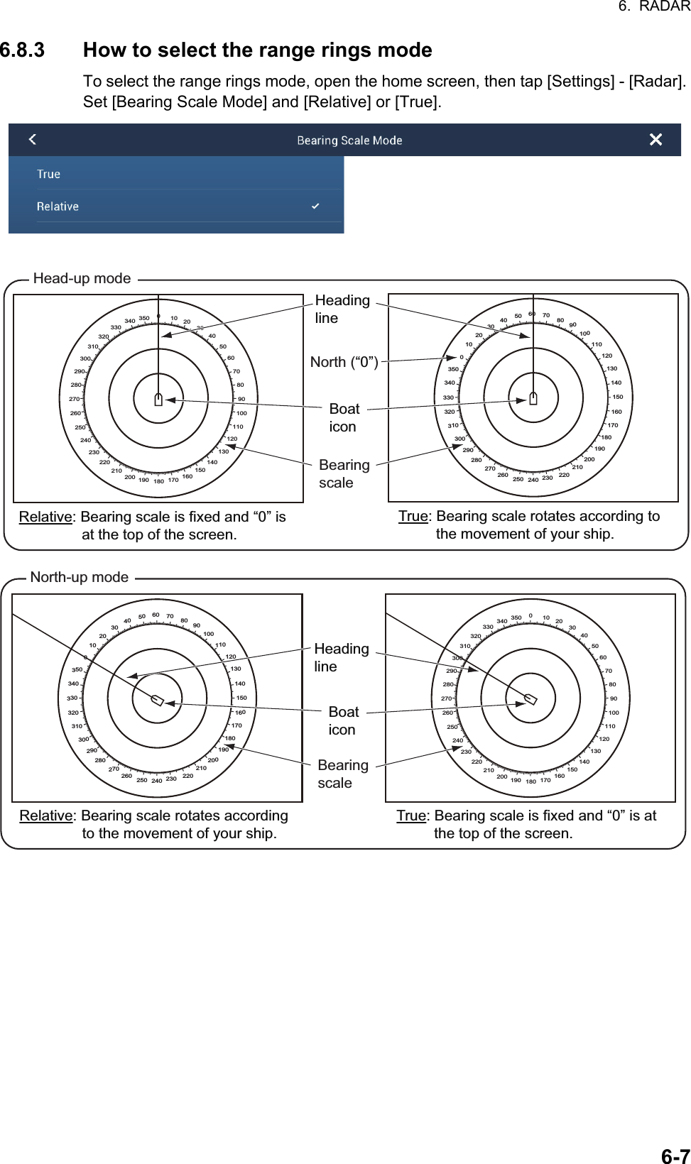 6.  RADAR6-76.8.3 How to select the range rings modeTo select the range rings mode, open the home screen, then tap [Settings] - [Radar]. Set [Bearing Scale Mode] and [Relative] or [True].Relative: Bearing scale is fixed and “0” is at the top of the screen.Boat icon010 2030405060708090100110120130140150160170180190200210220230240250260270280290300310320330340 350010203040 50 60 70 8090100110120130140150160170180190200210220230240250260270280290300310320330340350010 2030405060708090100110120130140150160170180190200210220230240250260270280290300310320330340 350010203040 50 60 70 8090100110120130140150160170180190200210220230240250260270280290300310320330340350North (“0”)Heading lineBearing scaleTrue: Bearing scale rotates according to the movement of your ship.Head-up modeNorth-up modeRelative: Bearing scale rotates according to the movement of your ship.True: Bearing scale is fixed and “0” is at the top of the screen.Boat iconBearing scaleHeading line