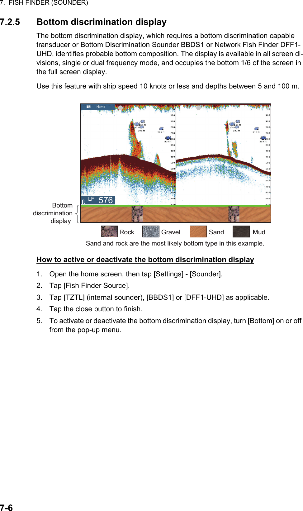 7.  FISH FINDER (SOUNDER)7-67.2.5 Bottom discrimination displayThe bottom discrimination display, which requires a bottom discrimination capable transducer or Bottom Discrimination Sounder BBDS1 or Network Fish Finder DFF1-UHD, identifies probable bottom composition. The display is available in all screen di-visions, single or dual frequency mode, and occupies the bottom 1/6 of the screen in the full screen display. Use this feature with ship speed 10 knots or less and depths between 5 and 100 m.How to active or deactivate the bottom discrimination display1. Open the home screen, then tap [Settings] - [Sounder].2. Tap [Fish Finder Source].3. Tap [TZTL] (internal sounder), [BBDS1] or [DFF1-UHD] as applicable.4. Tap the close button to finish.5. To activate or deactivate the bottom discrimination display, turn [Bottom] on or off from the pop-up menu.Bottomdiscrimination display Rock Gravel Sand MudSand and rock are the most likely bottom type in this example.ft LF 576