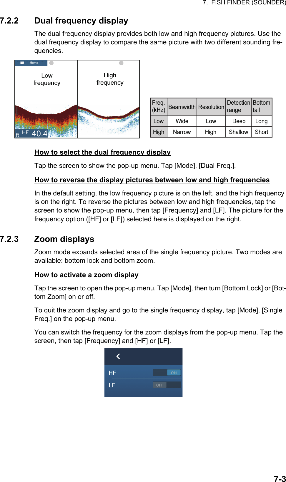 7.  FISH FINDER (SOUNDER)7-37.2.2 Dual frequency displayThe dual frequency display provides both low and high frequency pictures. Use the dual frequency display to compare the same picture with two different sounding fre-quencies.How to select the dual frequency displayTap the screen to show the pop-up menu. Tap [Mode], [Dual Freq.].How to reverse the display pictures between low and high frequenciesIn the default setting, the low frequency picture is on the left, and the high frequency is on the right. To reverse the pictures between low and high frequencies, tap the screen to show the pop-up menu, then tap [Frequency] and [LF]. The picture for the frequency option ([HF] or [LF]) selected here is displayed on the right.7.2.3 Zoom displaysZoom mode expands selected area of the single frequency picture. Two modes are available: bottom lock and bottom zoom.How to activate a zoom displayTap the screen to open the pop-up menu. Tap [Mode], then turn [Bottom Lock] or [Bot-tom Zoom] on or off.To quit the zoom display and go to the single frequency display, tap [Mode], [Single Freq.] on the pop-up menu.You can switch the frequency for the zoom displays from the pop-up menu. Tap the screen, then tap [Frequency] and [HF] or [LF].LowfrequencyHighfrequencyRADARDARDARARARRRRRRRRFreq. (kHz)LowHighBeamwidth Resolution Detection rangeBottom tailWideNarrowLowHighDeepShallowLongShortft HF 40.4