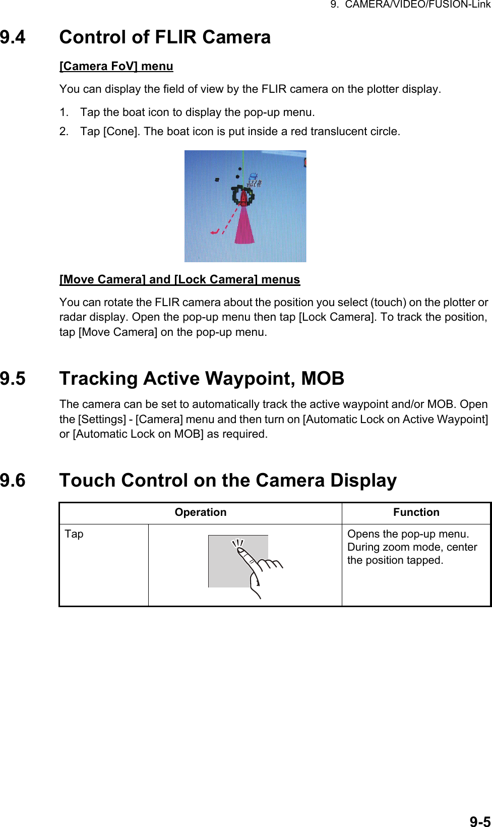 9.  CAMERA/VIDEO/FUSION-Link9-59.4 Control of FLIR Camera[Camera FoV] menuYou can display the field of view by the FLIR camera on the plotter display.1. Tap the boat icon to display the pop-up menu.2. Tap [Cone]. The boat icon is put inside a red translucent circle.[Move Camera] and [Lock Camera] menusYou can rotate the FLIR camera about the position you select (touch) on the plotter or radar display. Open the pop-up menu then tap [Lock Camera]. To track the position, tap [Move Camera] on the pop-up menu.9.5 Tracking Active Waypoint, MOBThe camera can be set to automatically track the active waypoint and/or MOB. Open the [Settings] - [Camera] menu and then turn on [Automatic Lock on Active Waypoint] or [Automatic Lock on MOB] as required.9.6 Touch Control on the Camera DisplayOperation FunctionTap Opens the pop-up menu. During zoom mode, center the position tapped.