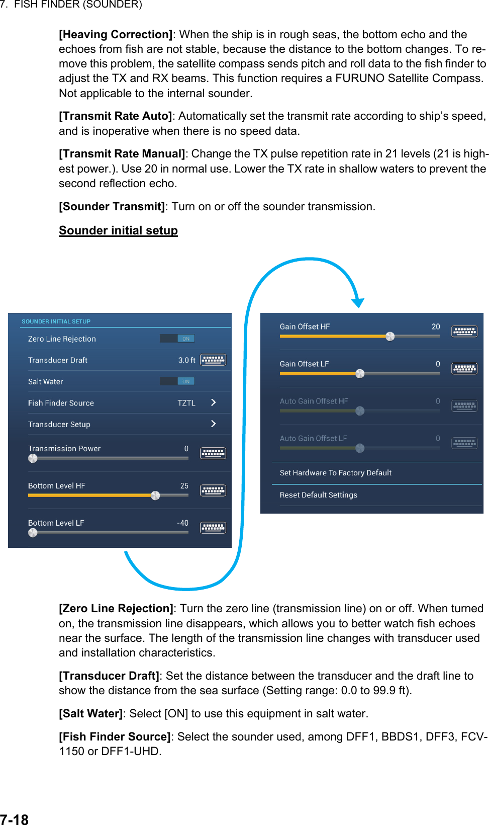 7.  FISH FINDER (SOUNDER)7-18[Heaving Correction]: When the ship is in rough seas, the bottom echo and the echoes from fish are not stable, because the distance to the bottom changes. To re-move this problem, the satellite compass sends pitch and roll data to the fish finder to adjust the TX and RX beams. This function requires a FURUNO Satellite Compass. Not applicable to the internal sounder.[Transmit Rate Auto]: Automatically set the transmit rate according to ship’s speed, and is inoperative when there is no speed data.[Transmit Rate Manual]: Change the TX pulse repetition rate in 21 levels (21 is high-est power.). Use 20 in normal use. Lower the TX rate in shallow waters to prevent the second reflection echo.[Sounder Transmit]: Turn on or off the sounder transmission.Sounder initial setup[Zero Line Rejection]: Turn the zero line (transmission line) on or off. When turned on, the transmission line disappears, which allows you to better watch fish echoes near the surface. The length of the transmission line changes with transducer used and installation characteristics.[Transducer Draft]: Set the distance between the transducer and the draft line to show the distance from the sea surface (Setting range: 0.0 to 99.9 ft).[Salt Water]: Select [ON] to use this equipment in salt water.[Fish Finder Source]: Select the sounder used, among DFF1, BBDS1, DFF3, FCV-1150 or DFF1-UHD.