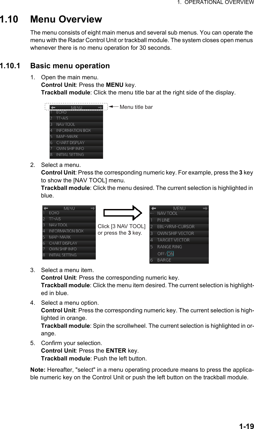 1.  OPERATIONAL OVERVIEW1-191.10 Menu OverviewThe menu consists of eight main menus and several sub menus. You can operate the menu with the Radar Control Unit or trackball module. The system closes open menus whenever there is no menu operation for 30 seconds.1.10.1 Basic menu operation1. Open the main menu.Control Unit: Press the MENU key.Trackball module: Click the menu title bar at the right side of the display.2. Select a menu.Control Unit: Press the corresponding numeric key. For example, press the 3 key to show the [NAV TOOL] menu.Trackball module: Click the menu desired. The current selection is highlighted in blue.3. Select a menu item.Control Unit: Press the corresponding numeric key.Trackball module: Click the menu item desired. The current selection is highlight-ed in blue.4. Select a menu option.Control Unit: Press the corresponding numeric key. The current selection is high-lighted in orange.Trackball module: Spin the scrollwheel. The current selection is highlighted in or-ange.5. Confirm your selection.Control Unit: Press the ENTER key. Trackball module: Push the left button.Note: Hereafter, &quot;select&quot; in a menu operating procedure means to press the applica-ble numeric key on the Control Unit or push the left button on the trackball module.Menu title barClick [3 NAV TOOL] or press the 3 key.