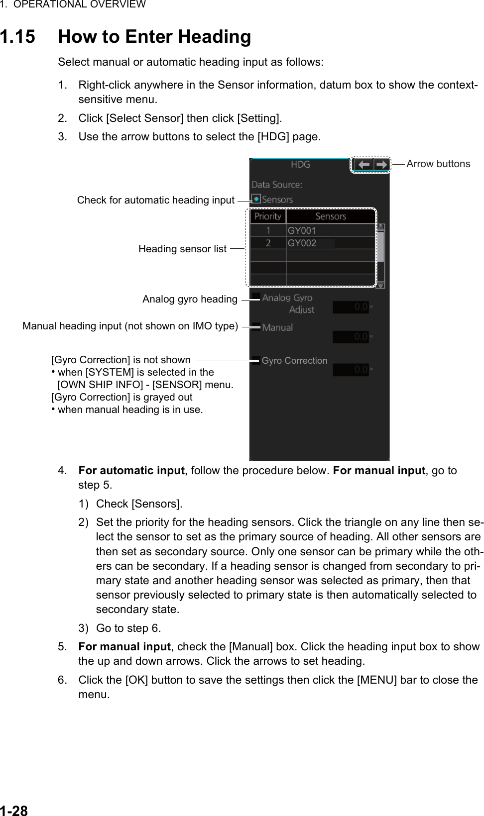 1.  OPERATIONAL OVERVIEW1-281.15 How to Enter HeadingSelect manual or automatic heading input as follows:1. Right-click anywhere in the Sensor information, datum box to show the context-sensitive menu.2. Click [Select Sensor] then click [Setting].3. Use the arrow buttons to select the [HDG] page.4. For automatic input, follow the procedure below. For manual input, go to step 5.1) Check [Sensors].2) Set the priority for the heading sensors. Click the triangle on any line then se-lect the sensor to set as the primary source of heading. All other sensors are then set as secondary source. Only one sensor can be primary while the oth-ers can be secondary. If a heading sensor is changed from secondary to pri-mary state and another heading sensor was selected as primary, then that sensor previously selected to primary state is then automatically selected to secondary state. 3) Go to step 6.5. For manual input, check the [Manual] box. Click the heading input box to show the up and down arrows. Click the arrows to set heading.6. Click the [OK] button to save the settings then click the [MENU] bar to close the menu.Heading sensor listAnalog gyro headingCheck for automatic heading inputGY001GY002Manual heading input (not shown on IMO type) Gyro  Correction[Gyro Correction] is not shown● when [SYSTEM] is selected in the [OWN SHIP INFO] - [SENSOR] menu.[Gyro Correction] is grayed out● when manual heading is in use.Arrow buttons