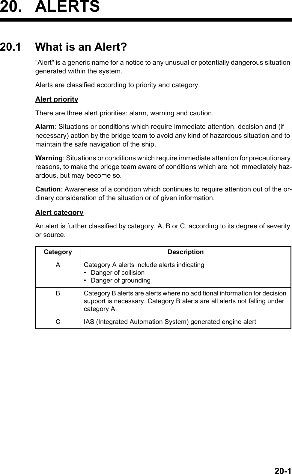 20-120. ALERTS20.1 What is an Alert?“Alert&quot; is a generic name for a notice to any unusual or potentially dangerous situation generated within the system.Alerts are classified according to priority and category.Alert priorityThere are three alert priorities: alarm, warning and caution.Alarm: Situations or conditions which require immediate attention, decision and (if necessary) action by the bridge team to avoid any kind of hazardous situation and to maintain the safe navigation of the ship.Warning: Situations or conditions which require immediate attention for precautionary reasons, to make the bridge team aware of conditions which are not immediately haz-ardous, but may become so.Caution: Awareness of a condition which continues to require attention out of the or-dinary consideration of the situation or of given information.Alert categoryAn alert is further classified by category, A, B or C, according to its degree of severity or source.Category DescriptionA Category A alerts include alerts indicating• Danger of collision• Danger of groundingB Category B alerts are alerts where no additional information for decision support is necessary. Category B alerts are all alerts not falling under category A.C IAS (Integrated Automation System) generated engine alert