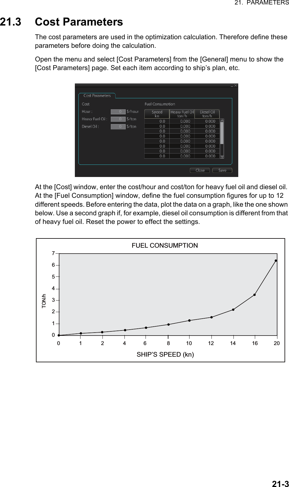 21.  PARAMETERS21-321.3 Cost ParametersThe cost parameters are used in the optimization calculation. Therefore define these parameters before doing the calculation.Open the menu and select [Cost Parameters] from the [General] menu to show the [Cost Parameters] page. Set each item according to ship’s plan, etc.At the [Cost] window, enter the cost/hour and cost/ton for heavy fuel oil and diesel oil. At the [Fuel Consumption] window, define the fuel consumption figures for up to 12 different speeds. Before entering the data, plot the data on a graph, like the one shown below. Use a second graph if, for example, diesel oil consumption is different from that of heavy fuel oil. Reset the power to effect the settings.765432100             1             2             4            6              8           10           12           14           16           20FUEL CONSUMPTIONSHIP’S SPEED (kn)TON/h