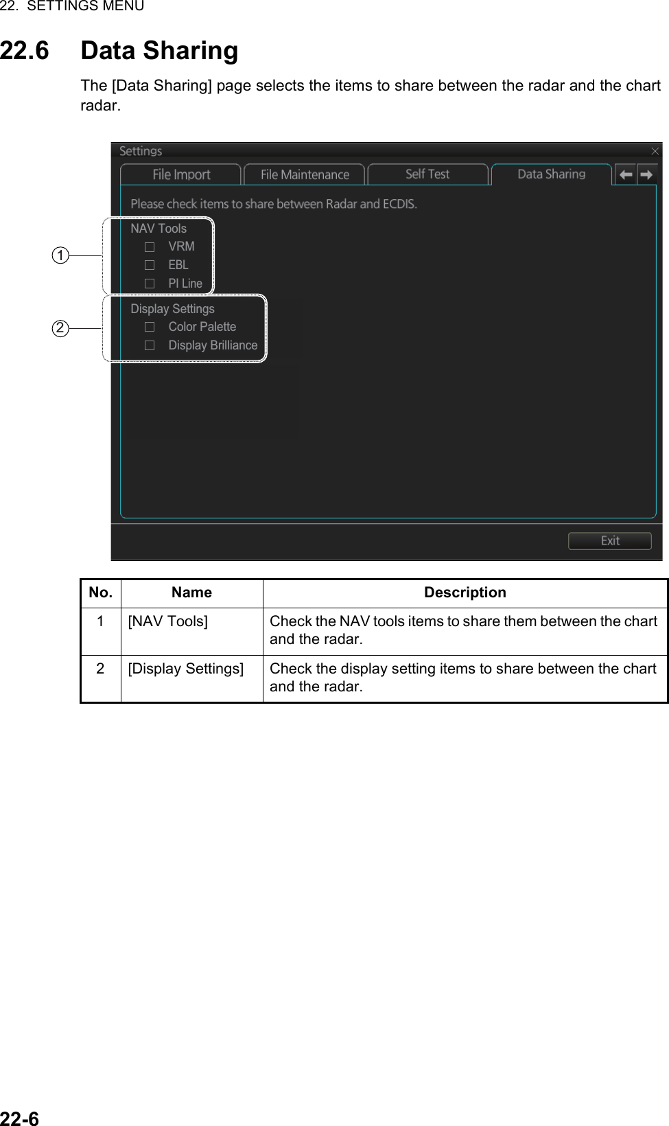 22.  SETTINGS MENU22-622.6 Data SharingThe [Data Sharing] page selects the items to share between the radar and the chart radar.No. Name Description1 [NAV Tools] Check the NAV tools items to share them between the chart and the radar.2 [Display Settings] Check the display setting items to share between the chart and the radar.NAV ToolsVRMEBLPI LineDisplay SettingsColor PaletteDisplay Brilliance12