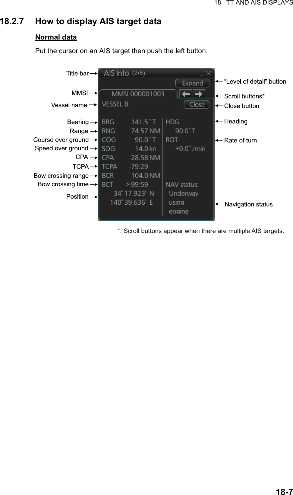 18.  TT AND AIS DISPLAYS18-718.2.7 How to display AIS target dataNormal dataPut the cursor on an AIS target then push the left button.          Title barMMSIBearingRangeCourse over groundSpeed over groundCPATCPABow crossing rangeBow crossing timePosition“Level of detail” buttonHeadingNavigation statusRate of turnScroll buttons*Close buttonVessel name*: Scroll buttons appear when there are multiple AIS targets. 