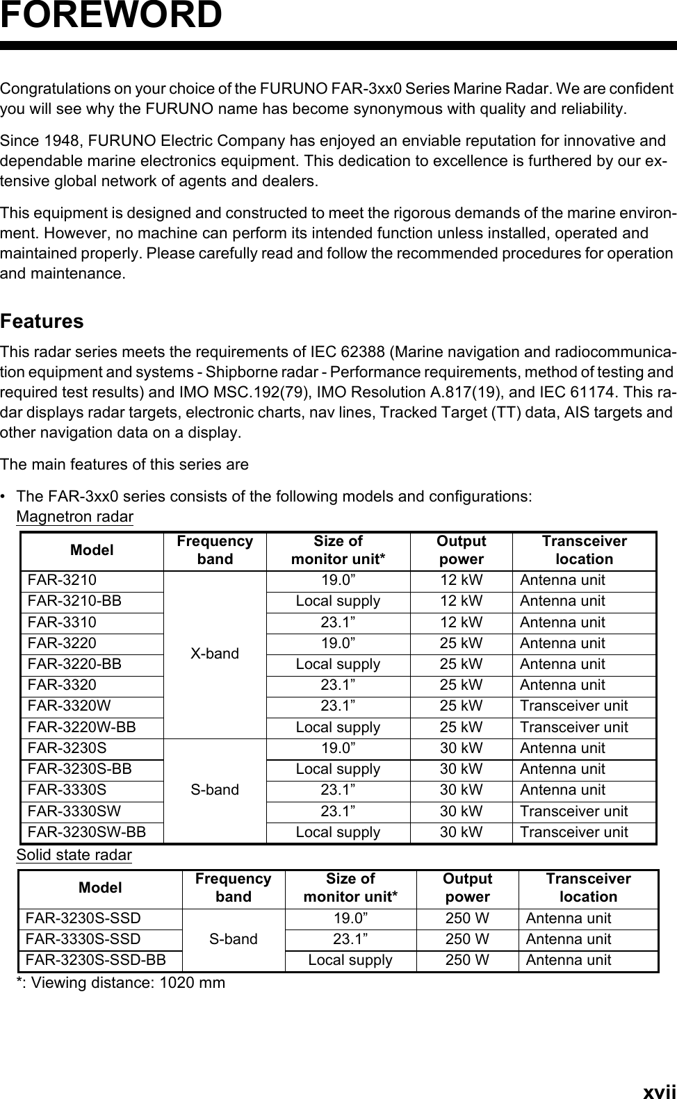 xviiFOREWORDCongratulations on your choice of the FURUNO FAR-3xx0 Series Marine Radar. We are confident you will see why the FURUNO name has become synonymous with quality and reliability.Since 1948, FURUNO Electric Company has enjoyed an enviable reputation for innovative and dependable marine electronics equipment. This dedication to excellence is furthered by our ex-tensive global network of agents and dealers.This equipment is designed and constructed to meet the rigorous demands of the marine environ-ment. However, no machine can perform its intended function unless installed, operated and maintained properly. Please carefully read and follow the recommended procedures for operation and maintenance.FeaturesThis radar series meets the requirements of IEC 62388 (Marine navigation and radiocommunica-tion equipment and systems - Shipborne radar - Performance requirements, method of testing and required test results) and IMO MSC.192(79), IMO Resolution A.817(19), and IEC 61174. This ra-dar displays radar targets, electronic charts, nav lines, Tracked Target (TT) data, AIS targets and other navigation data on a display.The main features of this series are•  The FAR-3xx0 series consists of the following models and configurations:Magnetron radarSolid state radar*: Viewing distance: 1020 mmModel Frequency bandSize ofmonitor unit*Output powerTransceiver locationFAR-3210X-band19.0” 12 kW Antenna unitFAR-3210-BB Local supply 12 kW Antenna unitFAR-3310 23.1” 12 kW Antenna unitFAR-3220 19.0” 25 kW Antenna unitFAR-3220-BB Local supply 25 kW Antenna unitFAR-3320 23.1” 25 kW Antenna unitFAR-3320W 23.1” 25 kW Transceiver unitFAR-3220W-BB Local supply 25 kW Transceiver unitFAR-3230SS-band19.0” 30 kW Antenna unitFAR-3230S-BB Local supply 30 kW Antenna unitFAR-3330S 23.1” 30 kW Antenna unitFAR-3330SW 23.1” 30 kW Transceiver unitFAR-3230SW-BB Local supply 30 kW Transceiver unitModel Frequency bandSize ofmonitor unit*Output powerTransceiver locationFAR-3230S-SSDS-band19.0” 250 W Antenna unitFAR-3330S-SSD 23.1” 250 W Antenna unitFAR-3230S-SSD-BB Local supply 250 W Antenna unit